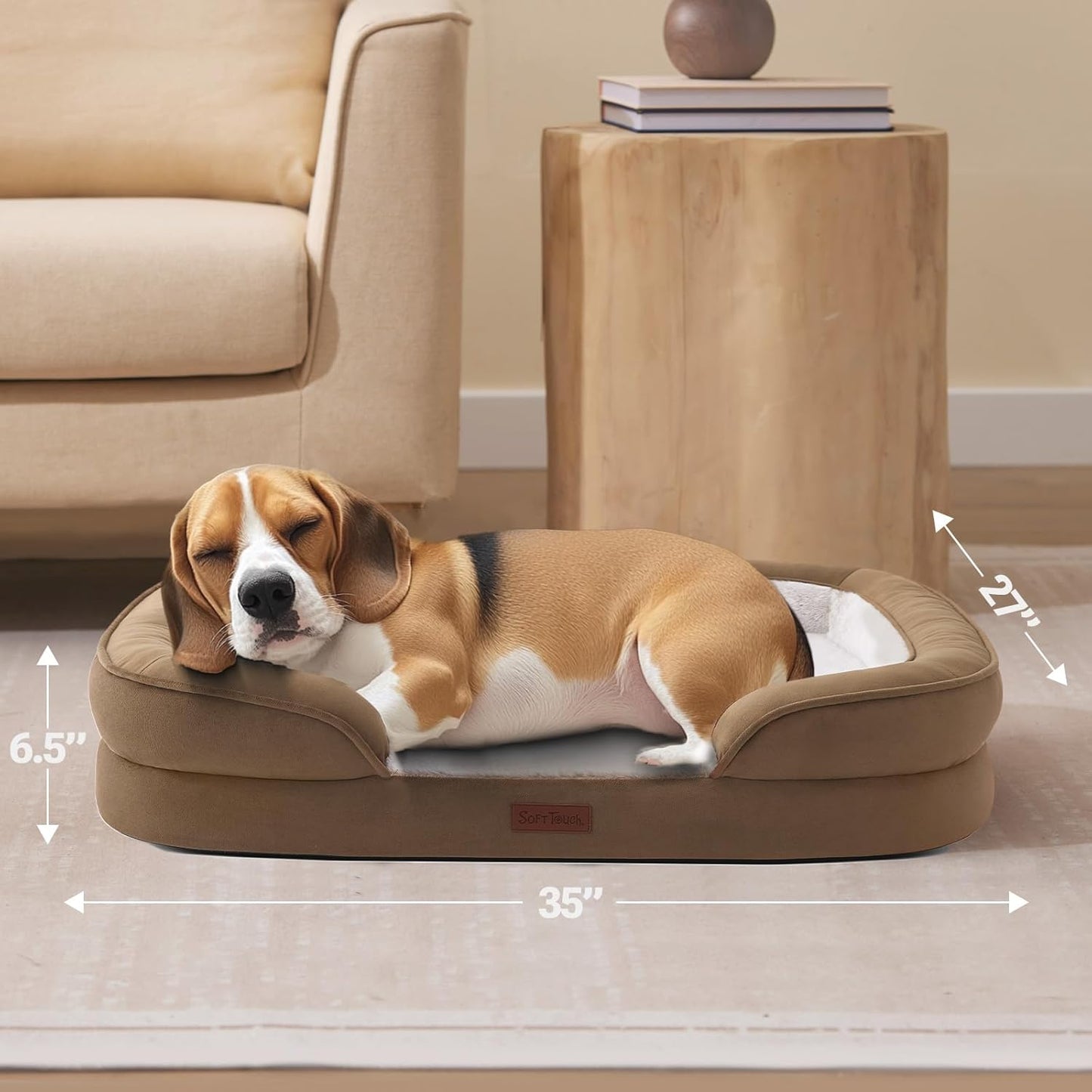 Soft Touch Orthopedic Dog Bed for Large Dogs with Faux Fur Top, Waterproof Pet Couch Bed with Removable Washable Cover and Supportive Foam Filling (Brown, Large)