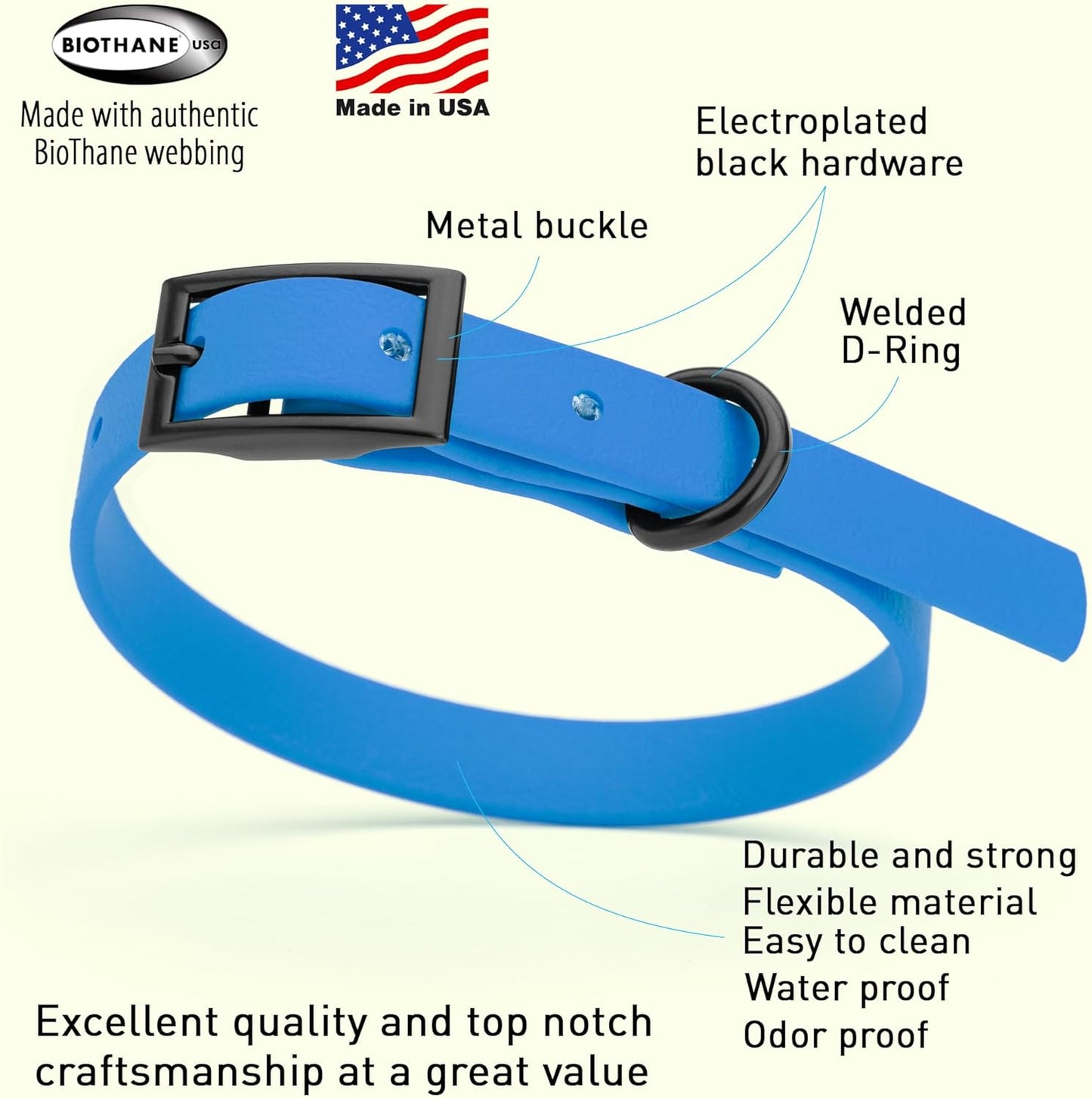 Dogline Biothane Waterproof Dog Collar Strong Coated Nylon Webbing with Black Hardware Odor- Proof for Easy Care Easy to Clean High Performance Fits Small Medium or Large Dogs, Cerulean Blue