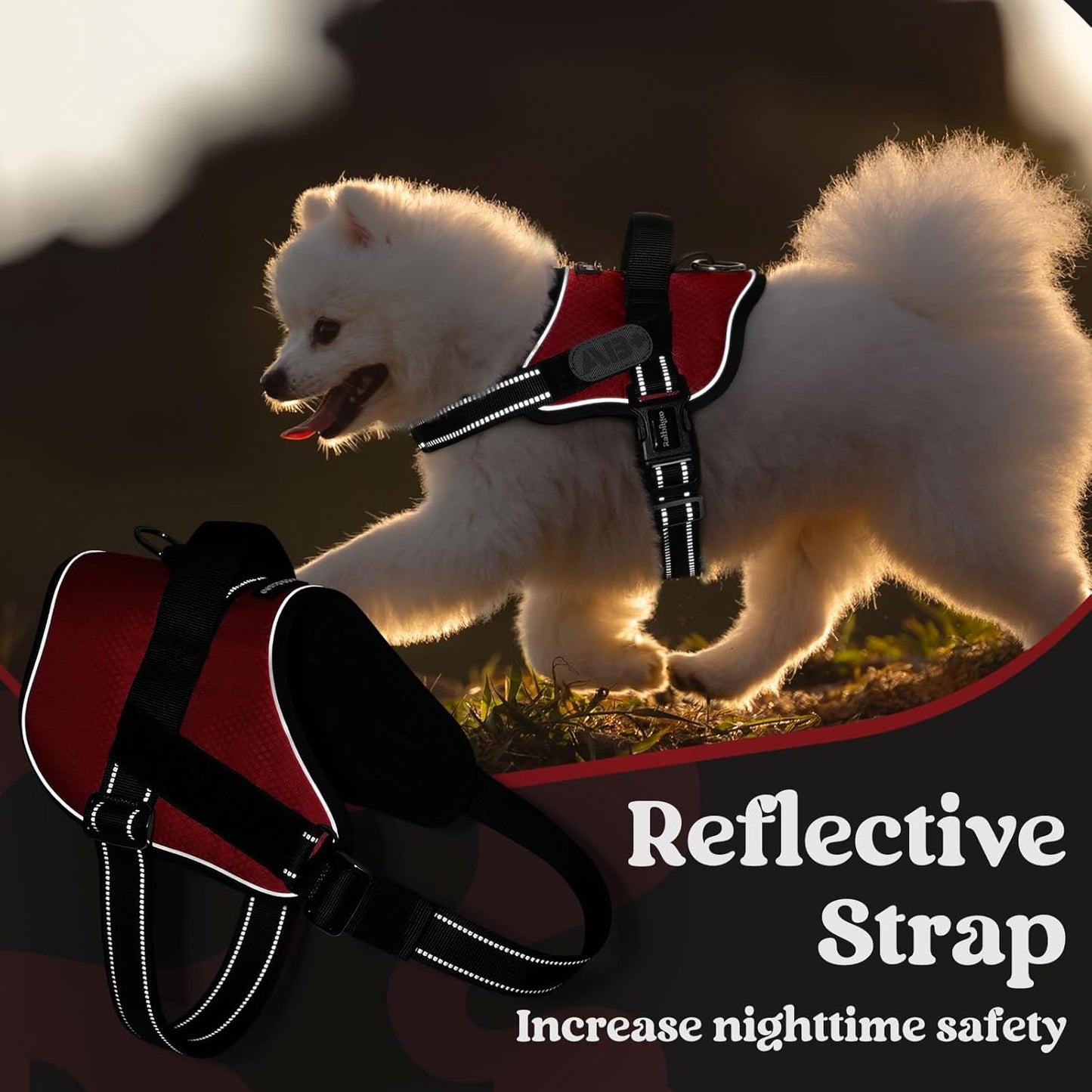 rabbitgoo Dog Harness Medium Sized, Easy On Pet Vest with One Buckle, No Pull Adjustable Service Harness with D-Ring & Handle, Reflective for Safety Walking, Training, Red, M