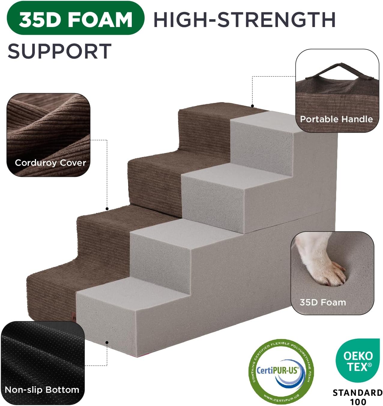 Made4Pets Dog Stairs for Small Dogs, Extra Wide Dog Steps for Bed Couch Sofa and Chair, 35D Foam Pet Steps for Small Dogs and Cats, Non-Slip Bottom Pet Stairs, Brown, 3 Steps