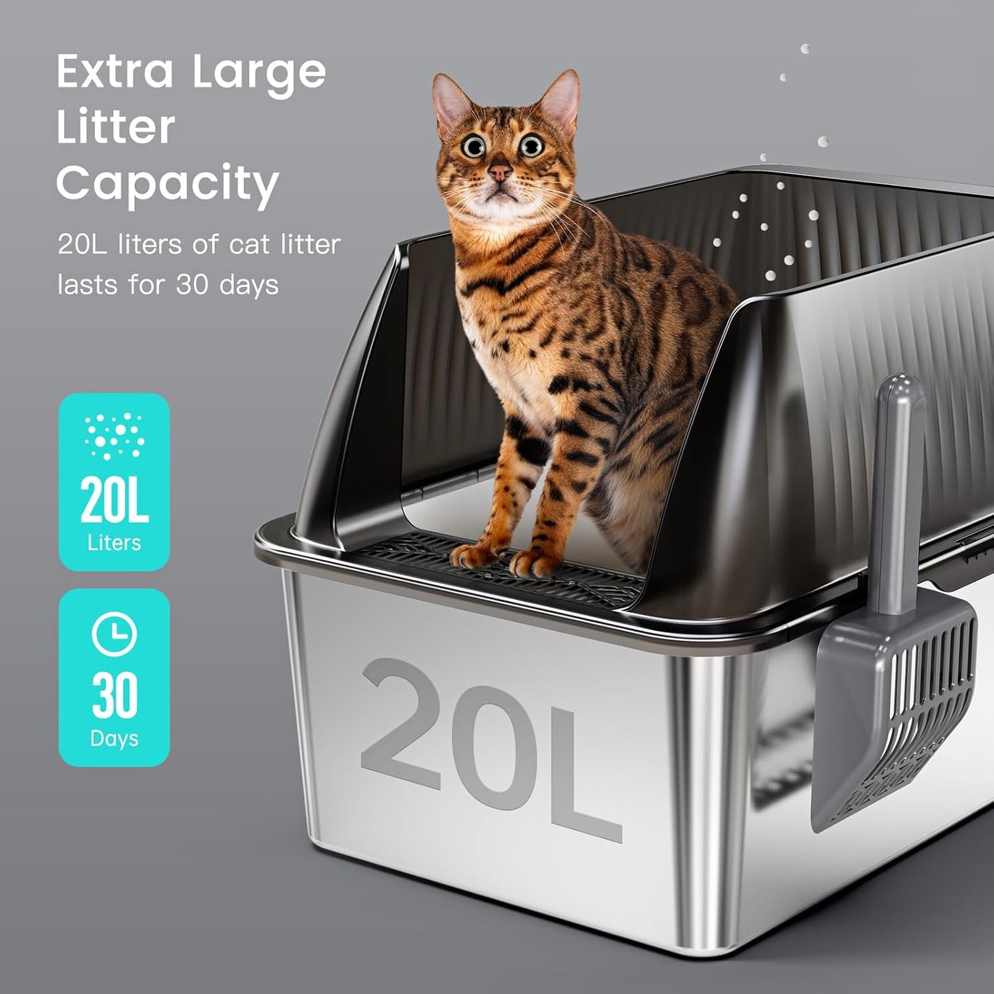 Tripamin 15” XL Stainless Steel Cat Litter Box Enclosure, XXL Stainless Steel High Sides with Lid, Extra Large Metal Cat Litter Box (Translucent Black, XX-Large)