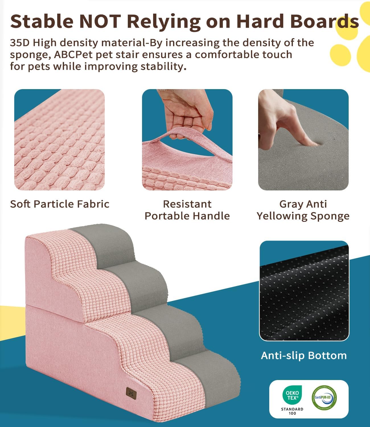 Dog Step for Bed, Dog Stair 4-Step 35D Pet Stair 19.7" H for High Bed or Sofa Non-Slip Balanced Pet Step Indoor, Pink