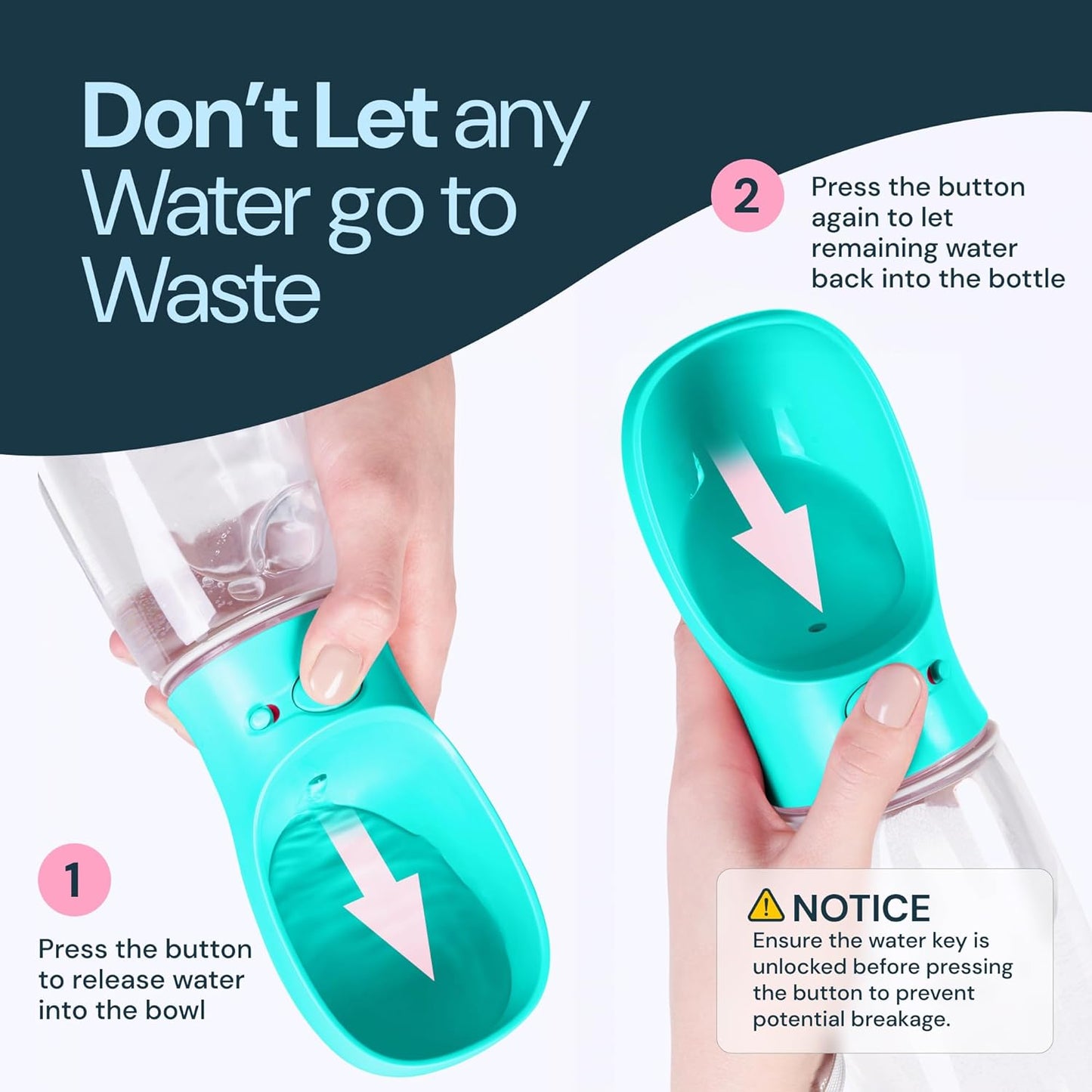 MalsiPree Portable Dog Water Bottle - 19 Oz, Blue - Leak-Proof Water Bowl Dispenser with Lock for Hiking, Travel & On-The-Go