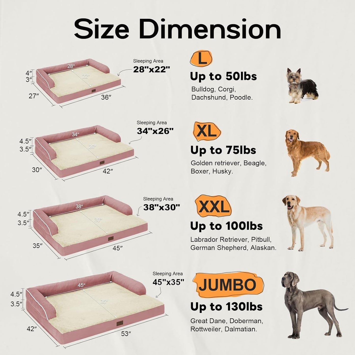 Large Dog Bed Orthopedic Washable - Couch Sofa - XXL Large Big Dogs - Beds Bolster Pet - Memory Foam - Waterproof with Removable Cover - Pink Dog Bed