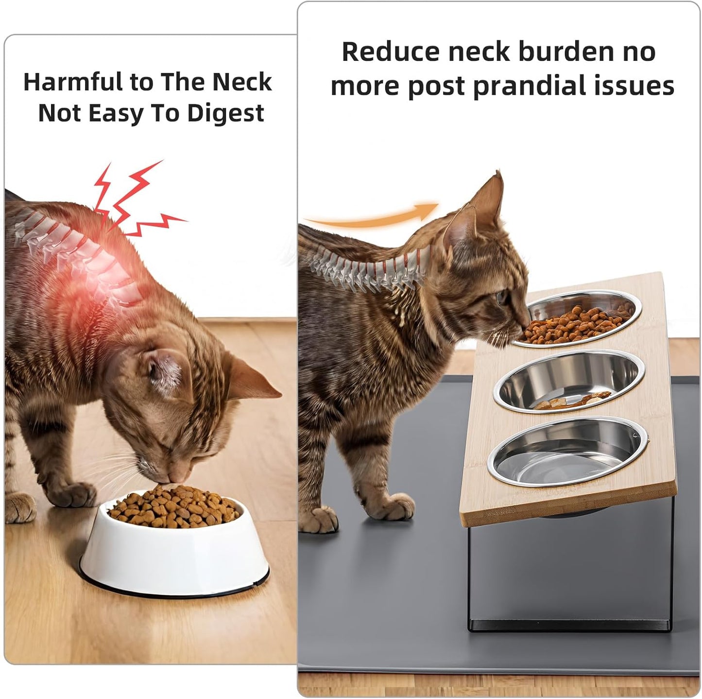 Upgraded Elevated Cat Bowls with Food Mat,15°Tilted Stand Anti Vomiting Raised Cat Dishes for Food and Water,3 Stainless Steel Bowls for Cats and Puppy
