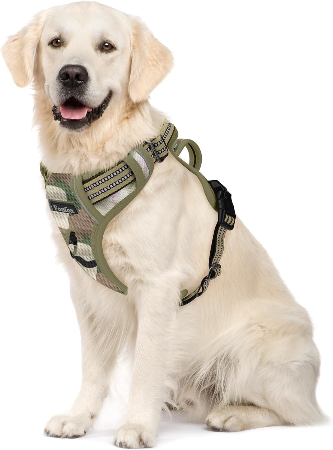 Funfox Dog Harness No Pull, Adjustable Pet Vest Harness, Super Soft Material with Vertical Handle Easy Control, Reflective Night Walking, 2 Leash Clips for XLarge Dogs, Camo Green, XL
