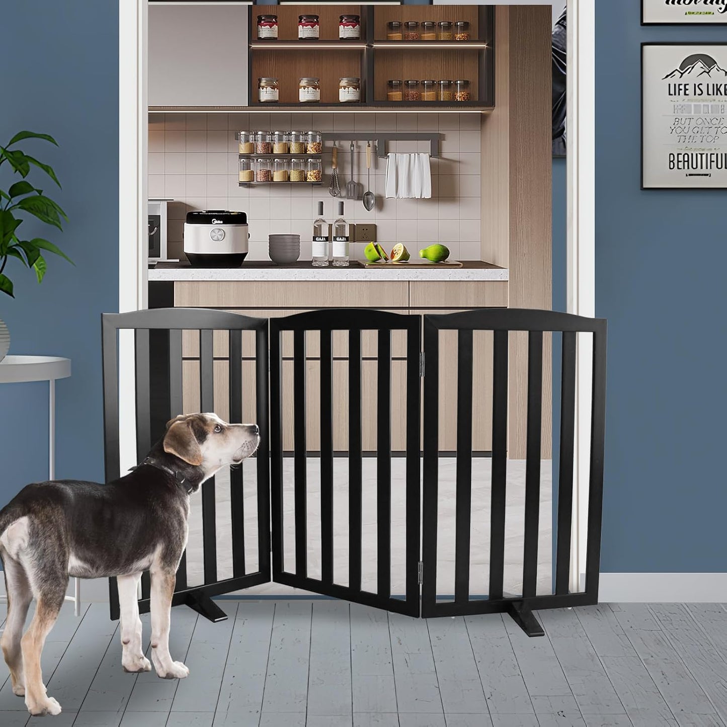 ZJSF Foldable Freestanding Indoor Dog Gate for House Wood Long Pet Gates Dog Fence for Stairs Puppy Gates for Hallways, Puppy Gate,Support Feet Included, Black, 32 "Height-3 Panels