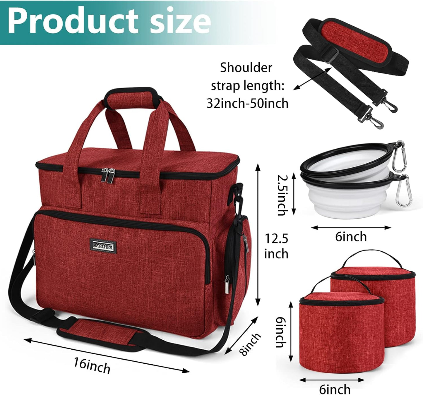 BAGLHER Dog Travel Bag, Pet Travel Bag (ALL Pet Travel Supplies), With 2 Pet Food Containers and 2 Collapsible Silicone Bowls; Essential Kits for Pet Travel Red