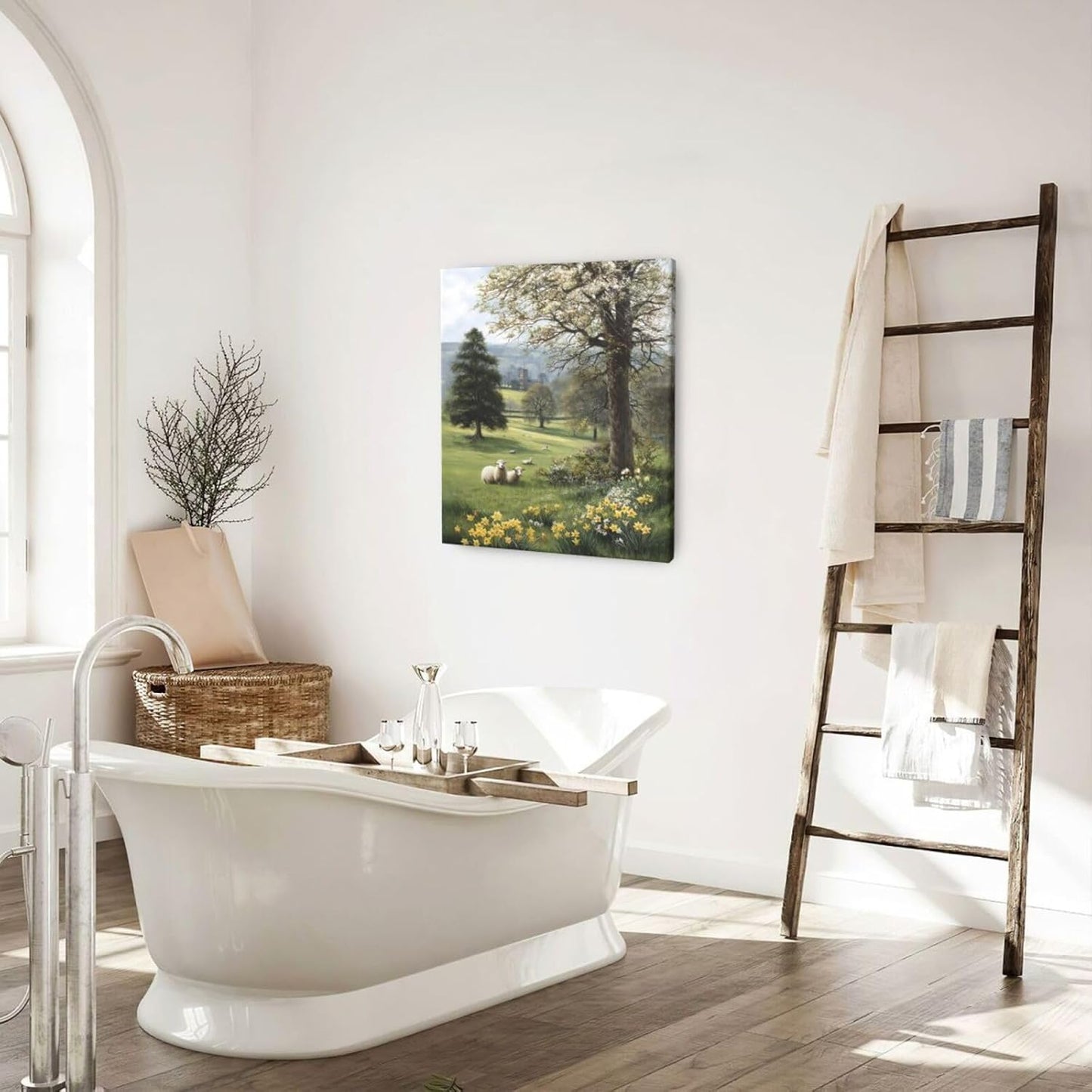 Country Sheep Canvas Wall Decor Farmhouse Rustic Lamb Wildflower Wall Art Nature Countryside Landscape Pictures Painting Print Framed Artwork Decorations for Bathroom Living Room Bedroom 24"x20"