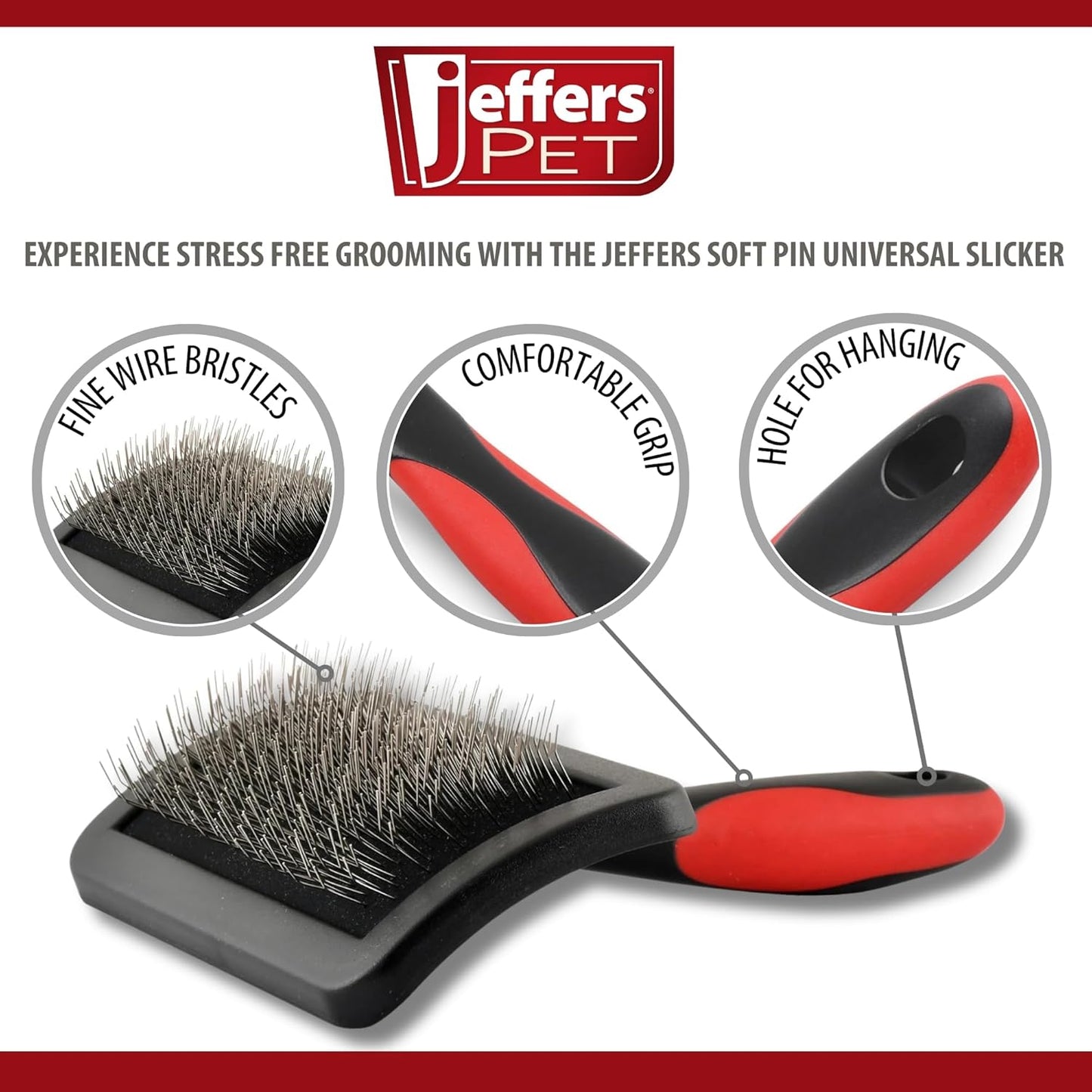Jeffers Pet Soft Pin Universal Slicker Brush for Dogs & Cats – Soft, Flexible Bristles for Sensitive Skin, Curved Head for Better Coat Penetration, Non-Slip Grip – Black, Red - Small