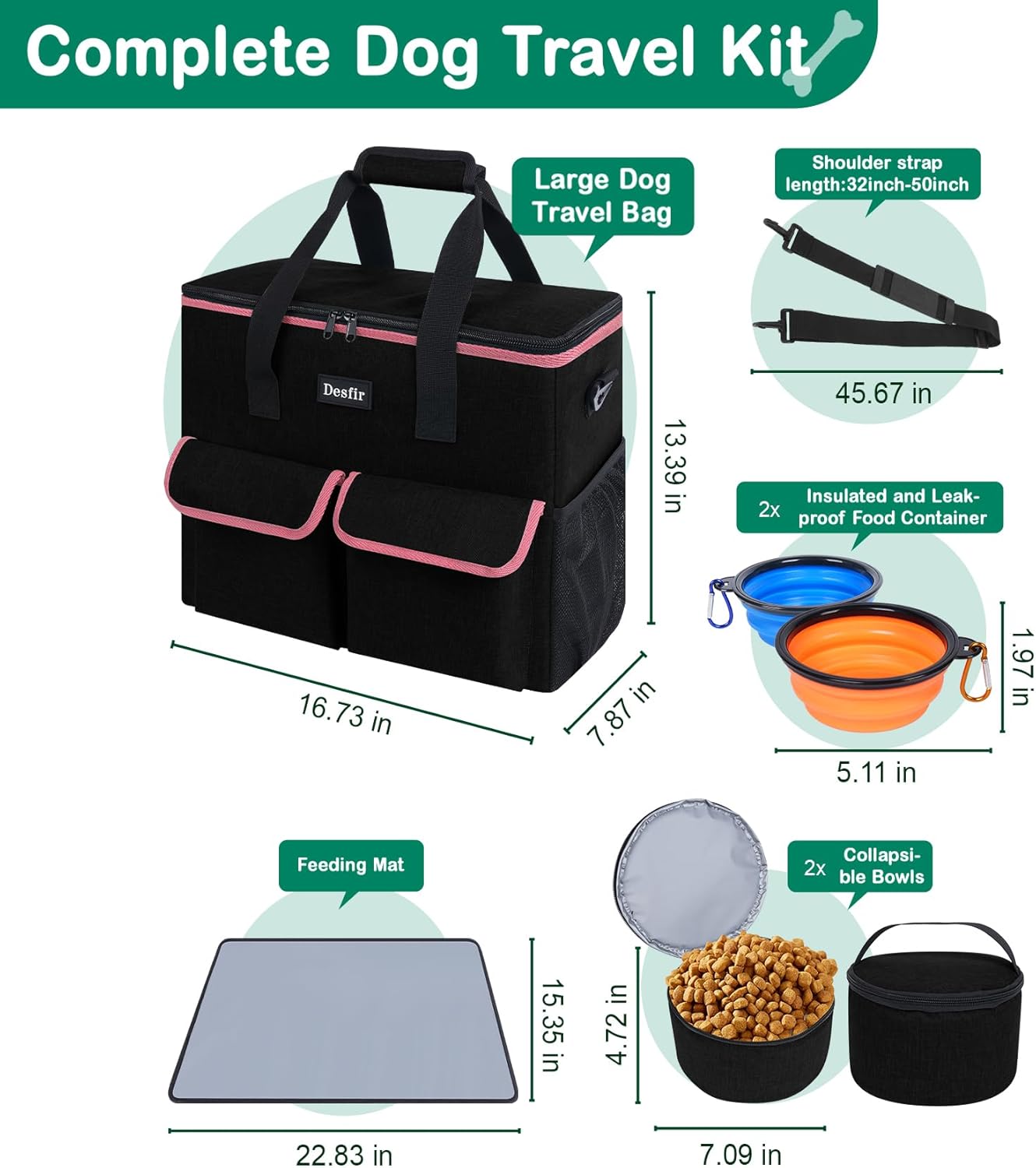 Large Pet Travel Bag Organizer - Dog & Cat Tote with Food Containers, Bowls, Feeding Mat, Perfect for Camping, Hiking (Multi-Pocket Design)