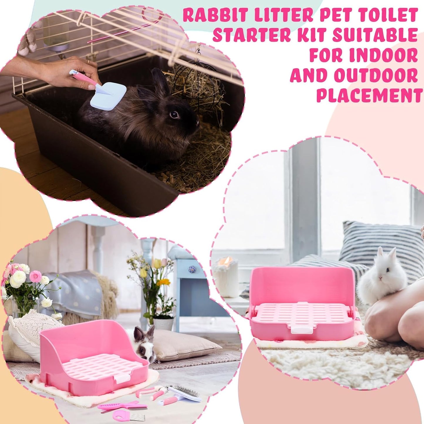 15 Pcs Rabbit Starter Kit Small Rabbit Litter Box Animal Grooming Kit Bunny Toys Bowl Blankets with Cleaning Set for Guinea Pig Accessories(Pink)