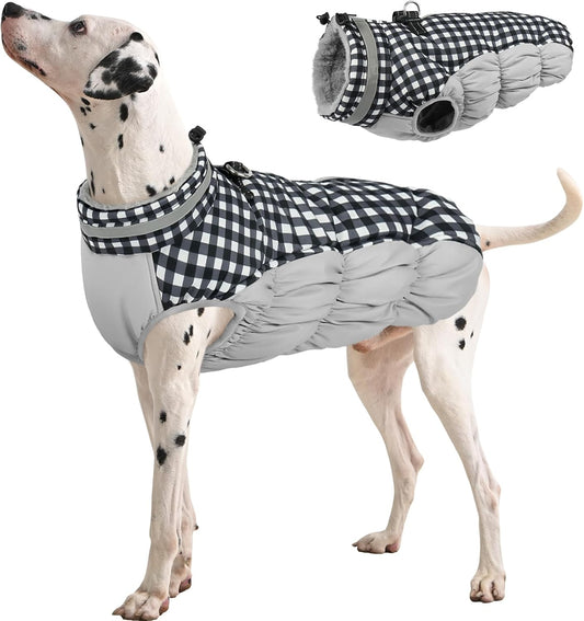 FUAMEY Dog Coat for Large Dogs,Waterproof Dog Winter Jacket with Harness Built in Puppy Cold Weather Coats Reflective Pet Vest with Zipper Warm Fleece Dogs Snowsuit Windproof Checkerboard L
