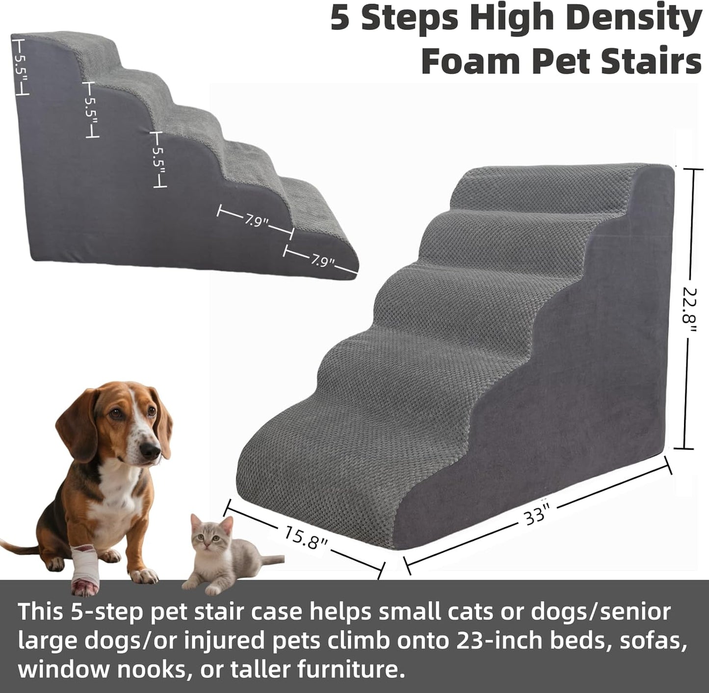 5 Step Pet Stairs Ramp for High Beds Sofas 5-30 Inch with Sturdy Non Slip Waterproof Pads, Machine Washable Cover Indoor Balanced Design for Cats Dogs Small Medium Large XL Pets Grey (Grey, Large, 1)