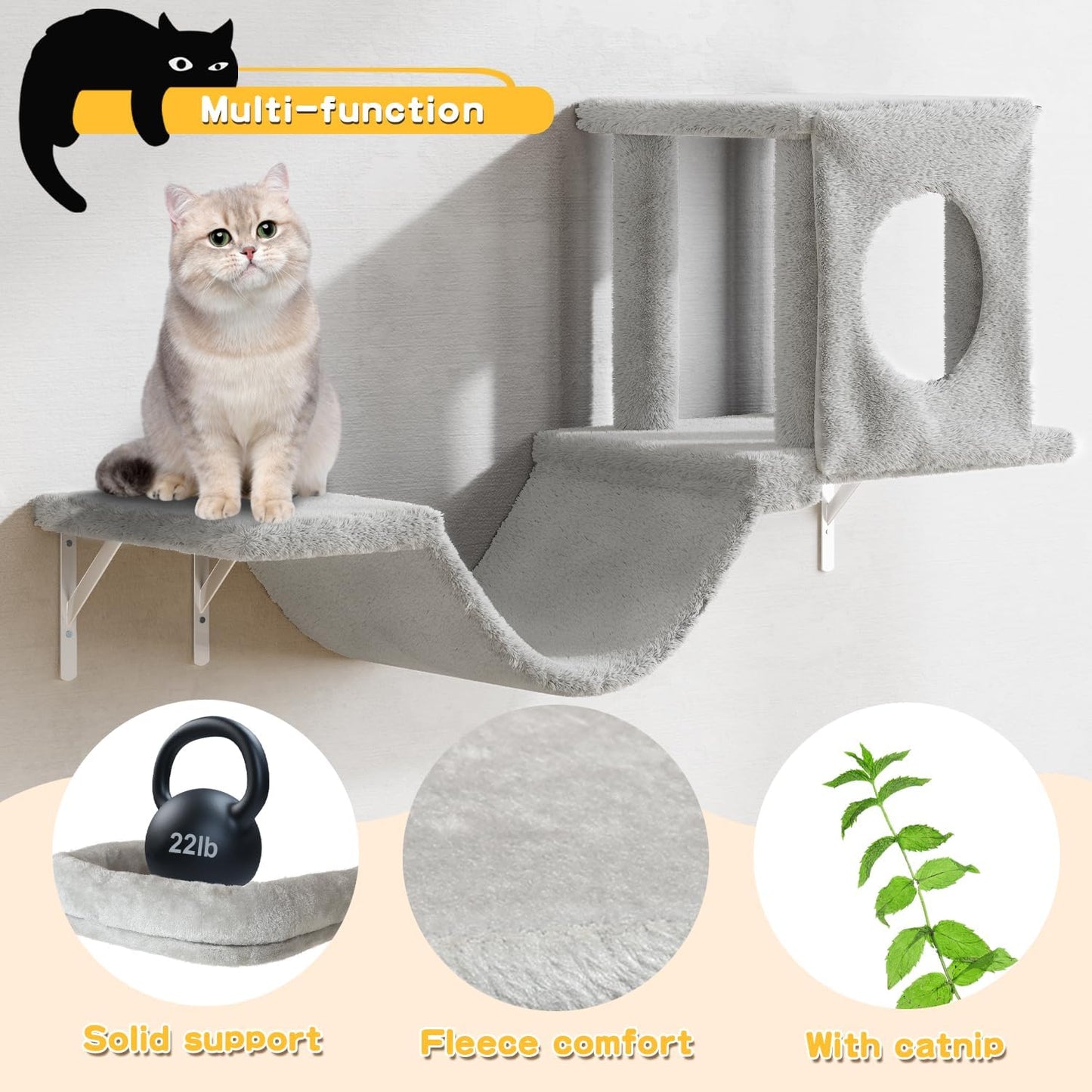 NUNU LAB Wall Mounted Cat Furniture, 6 Pcs Cat Wall Shelves with Condo House, Bridge, Steps, Scratcher, Hammock, Indoor Safe & Stable Furniture for Kittens Play, Gray