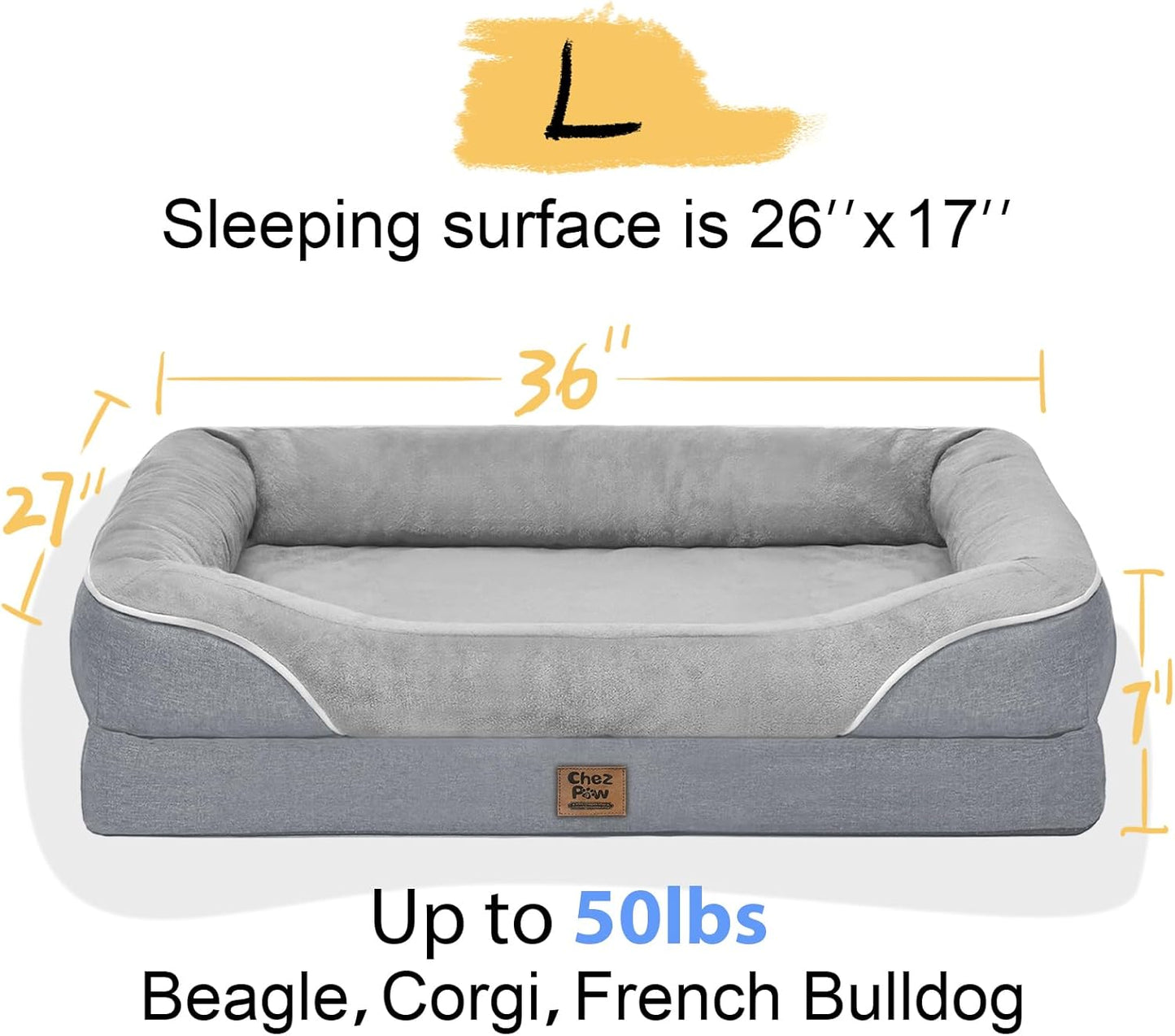 Orthopedic Washable Large Dog Bed - Egg Foam Dog Beds for Large and Medium Dogs Big Pet Beds with Removable Washable Cover and Bolster for Extra Large Dogs