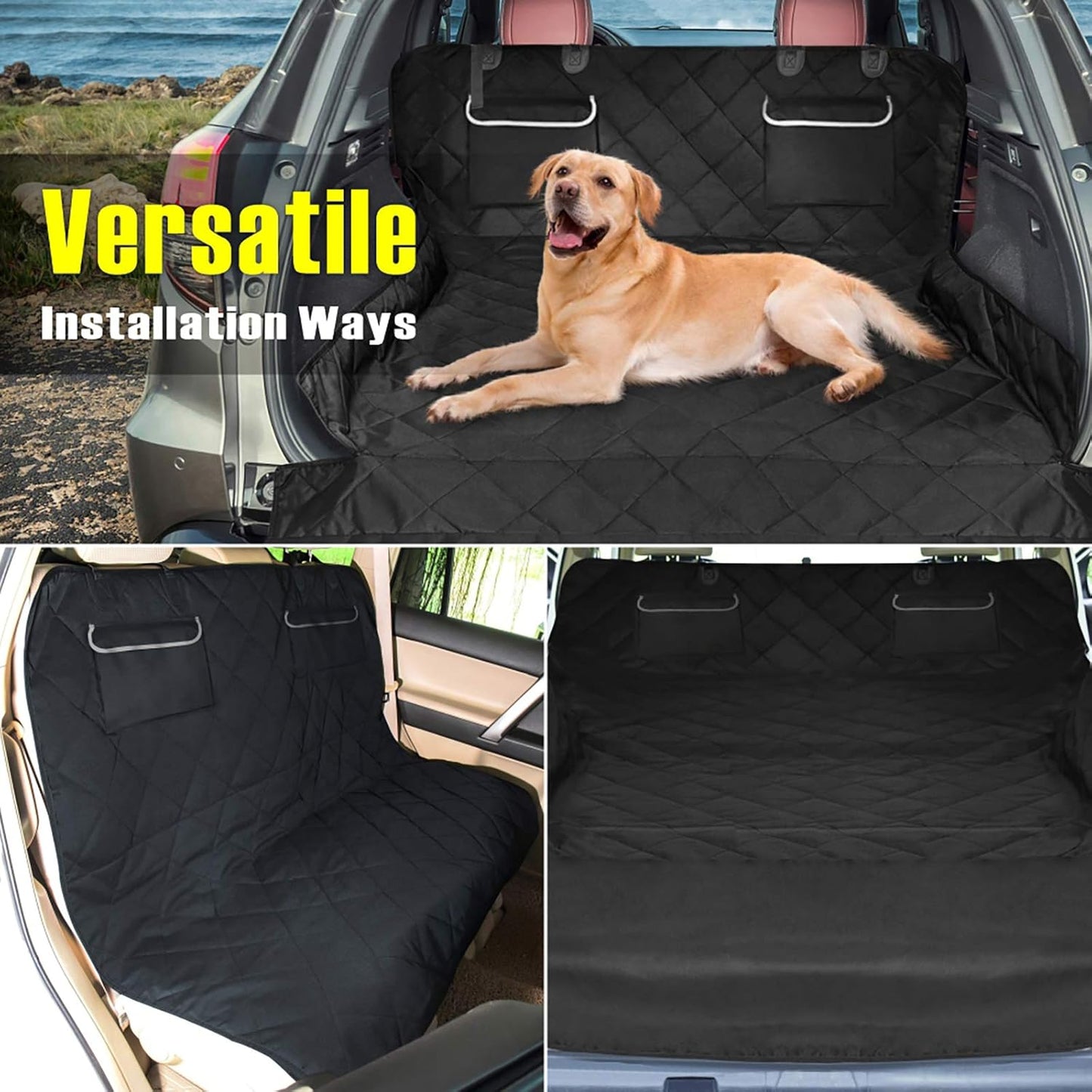 F-color SUV Cargo Liner for Dogs, Waterproof Pet Cargo Cover Dog Seat Cover Mat for SUVs Sedans Vans with 2 Large Pockets, Non-Slip, Large Size Universal Fit, Black