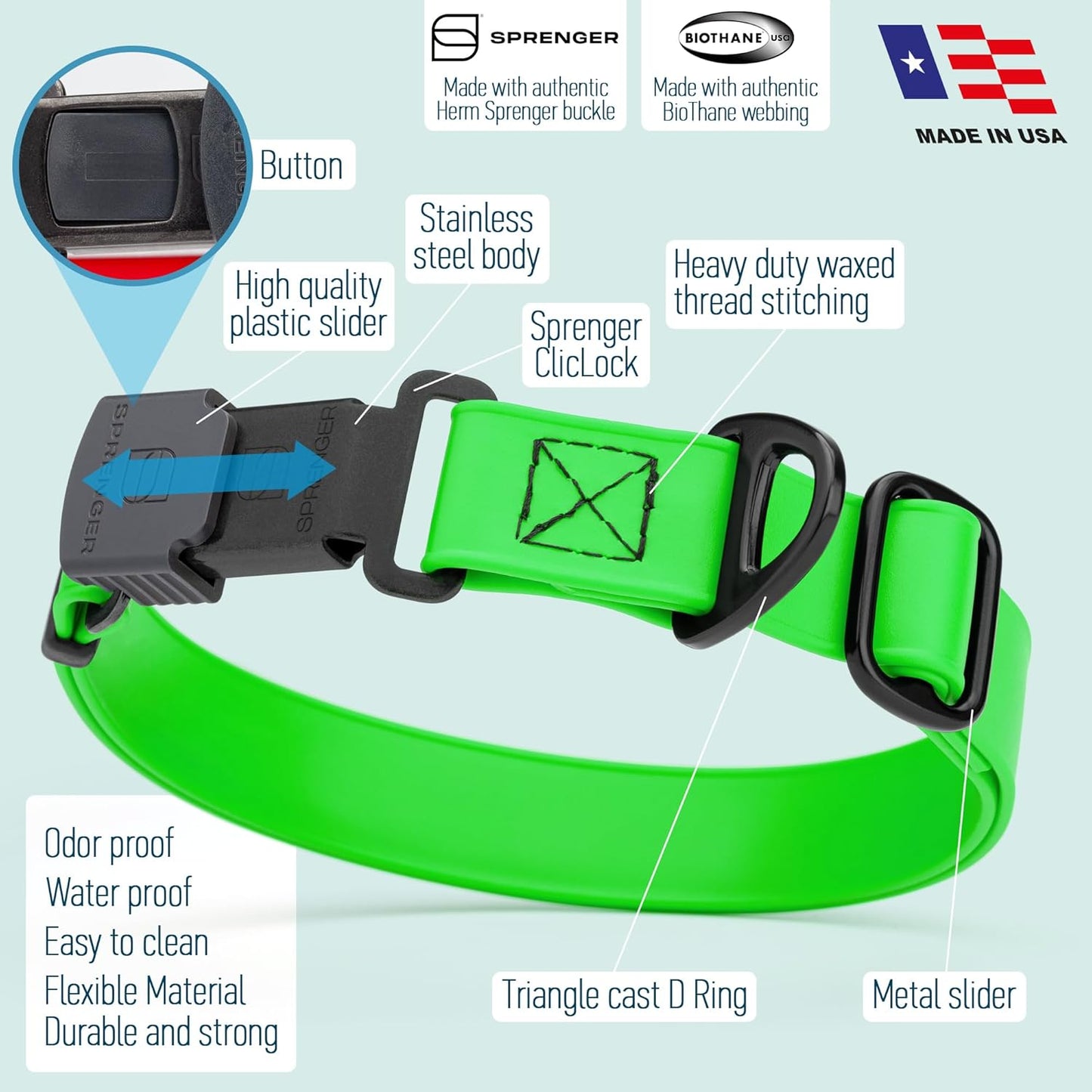 Dogline Biothane Waterproof Dog Collar with Herm Sprenger Black Stainless Steel Quick Release Buckle – Heavy Duty Tactical Durable Collar for Dogs – Comfortable and Safe Pet Collar W3/4" L12-19 Green