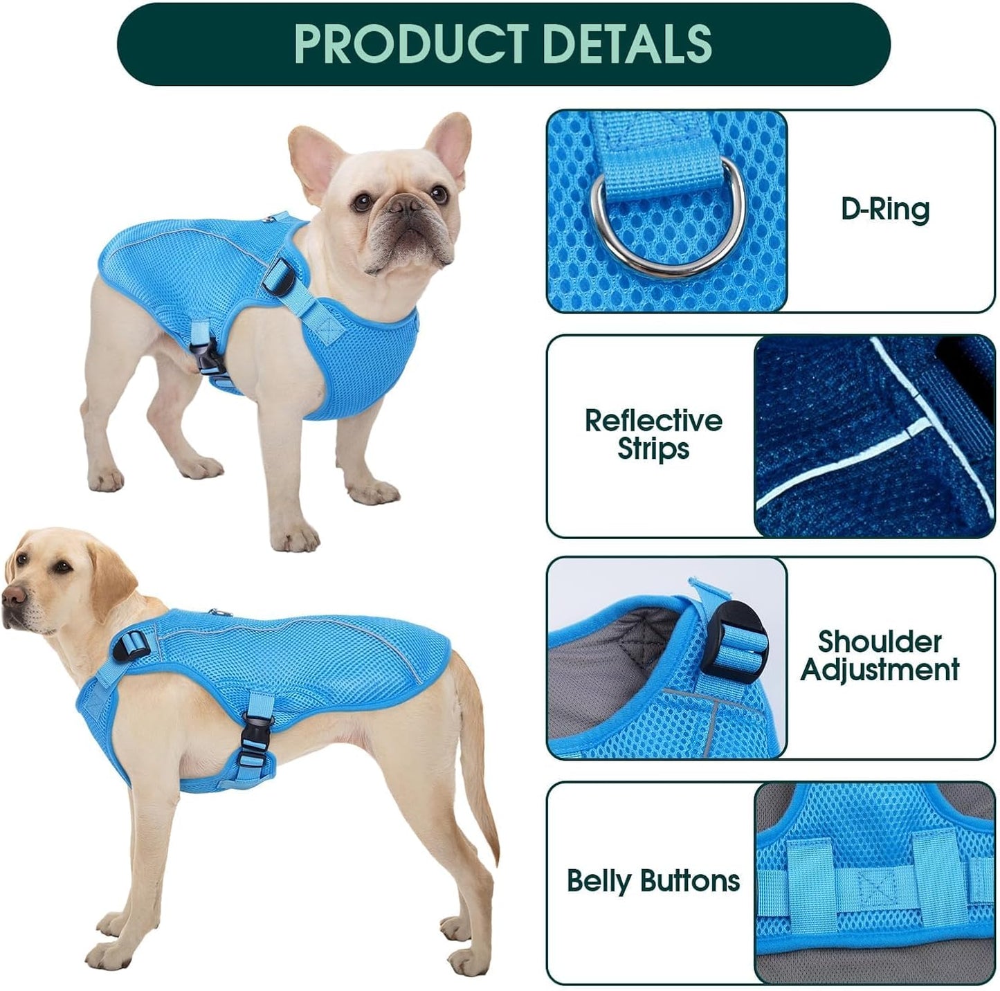Kuoser Dog Cooling Vest Harness, Small Puppy Cooler Jacket with Adjustable Buckle for Outdoor Beach, Hiking, Training Blue S