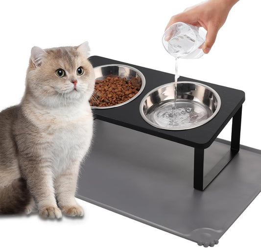 Upgraded Elevated Cat Bowls with Food Mat,15°Tilted Stand Anti Vomiting Raised Cat Dishes for Food and Water,2 Stainless Steel Bowls for Cats and Puppy（Black）