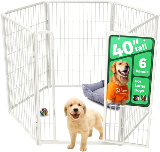 FXW Homeplus Unleashed Indoor Dog Playpen - Stress-Free and Safe Play, Heavy Duty 40 Inch 6 Wire Panels Dog Pen for Medium and Large Dogs, White│Patented