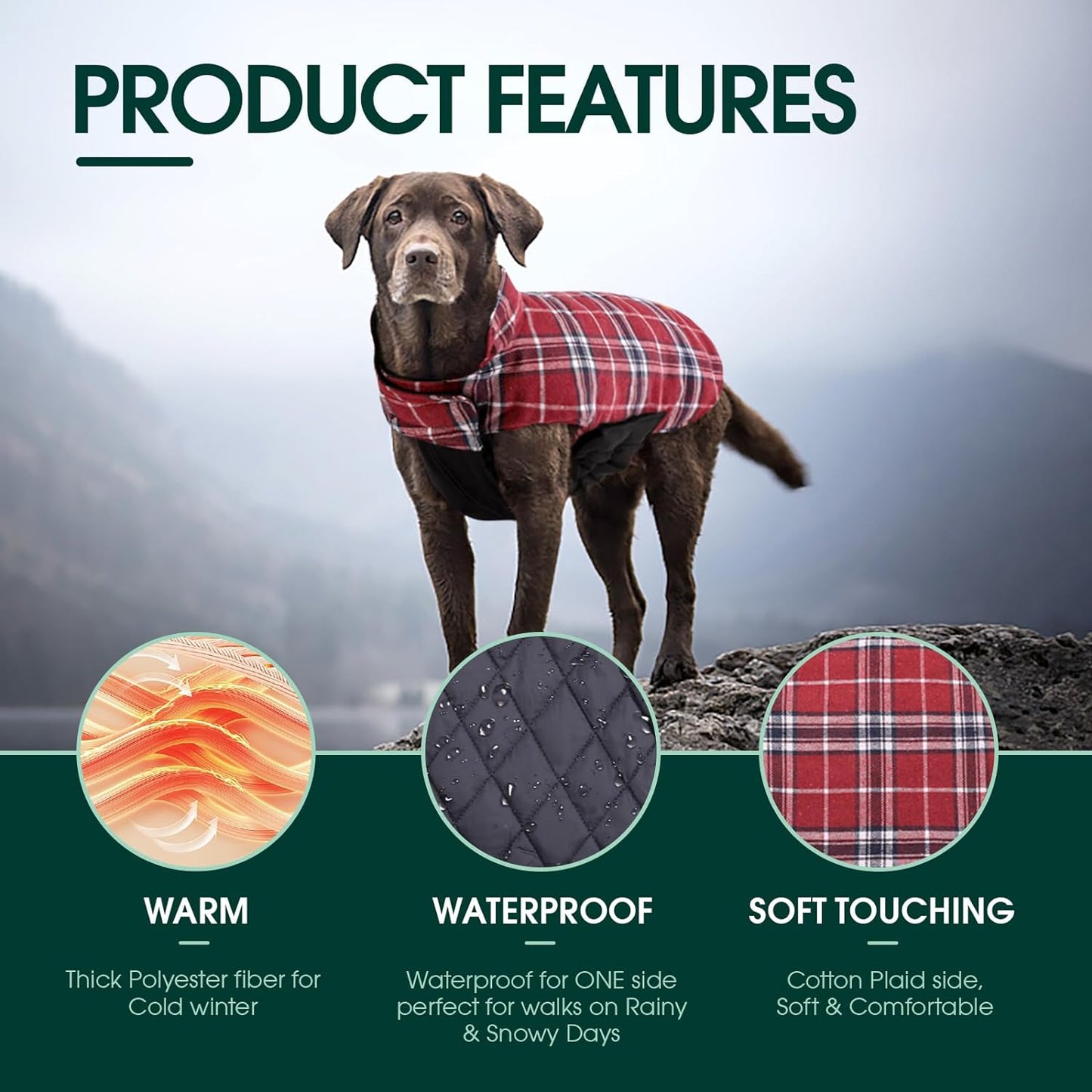 Kuoser Warm Dog Coat, Waterproof Dog Jacket for Extra Large Dogs, Adjustable Durable XXL Doggie Winter Coat Reversible Puppy Cold Weather Apparel from Small to Large Breed, Red XXL