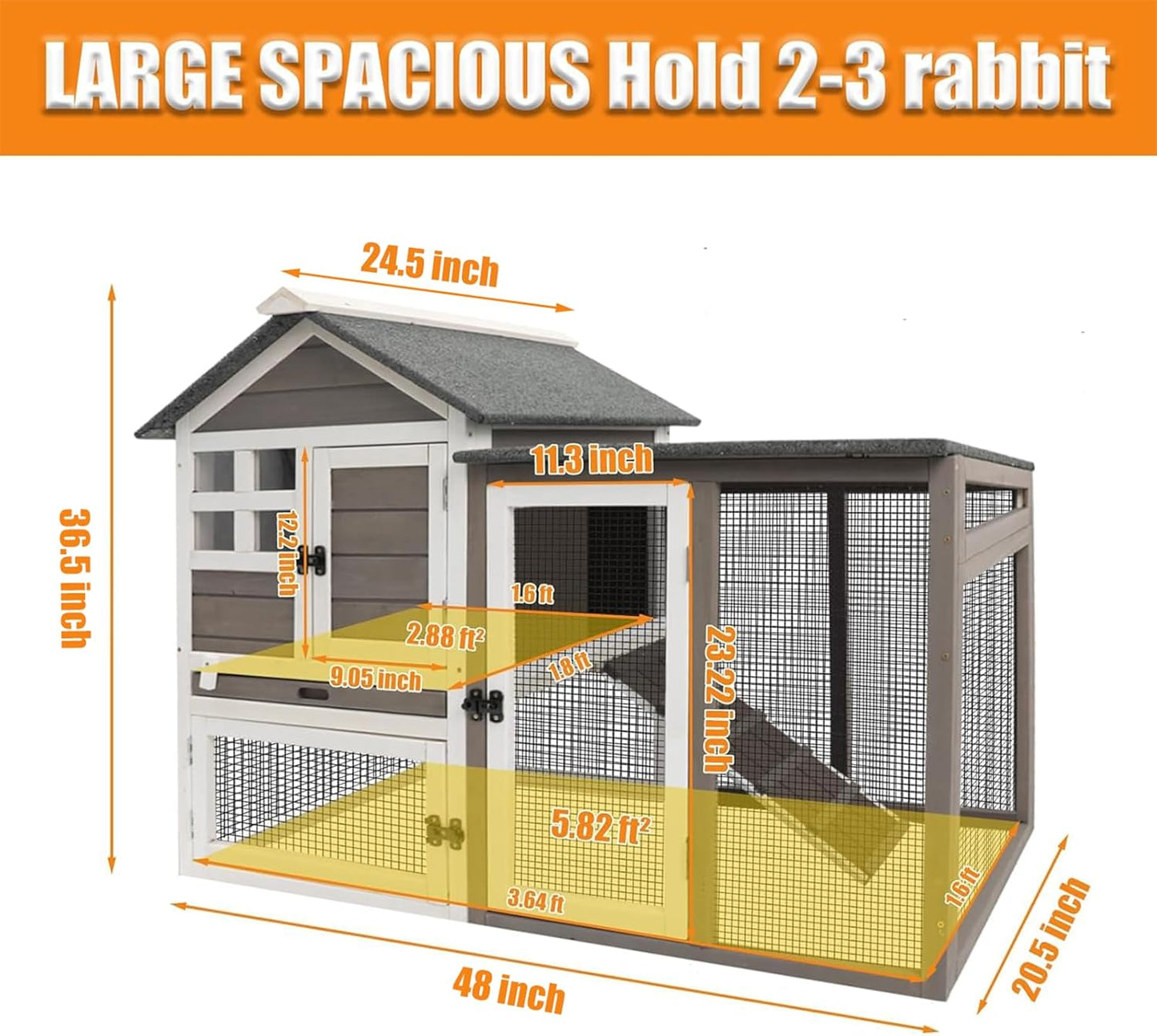 Rabbit Hutch-Indoor Outdoor Rabbit Hutch with Pull Out Tray Large Rabbit Hutch FirWood Bunny Hutch Indoor Guinea Pig Cages Waterproof Asphalt Roof, GREYWHITE, RAB HUTCH#17 (RAB17)
