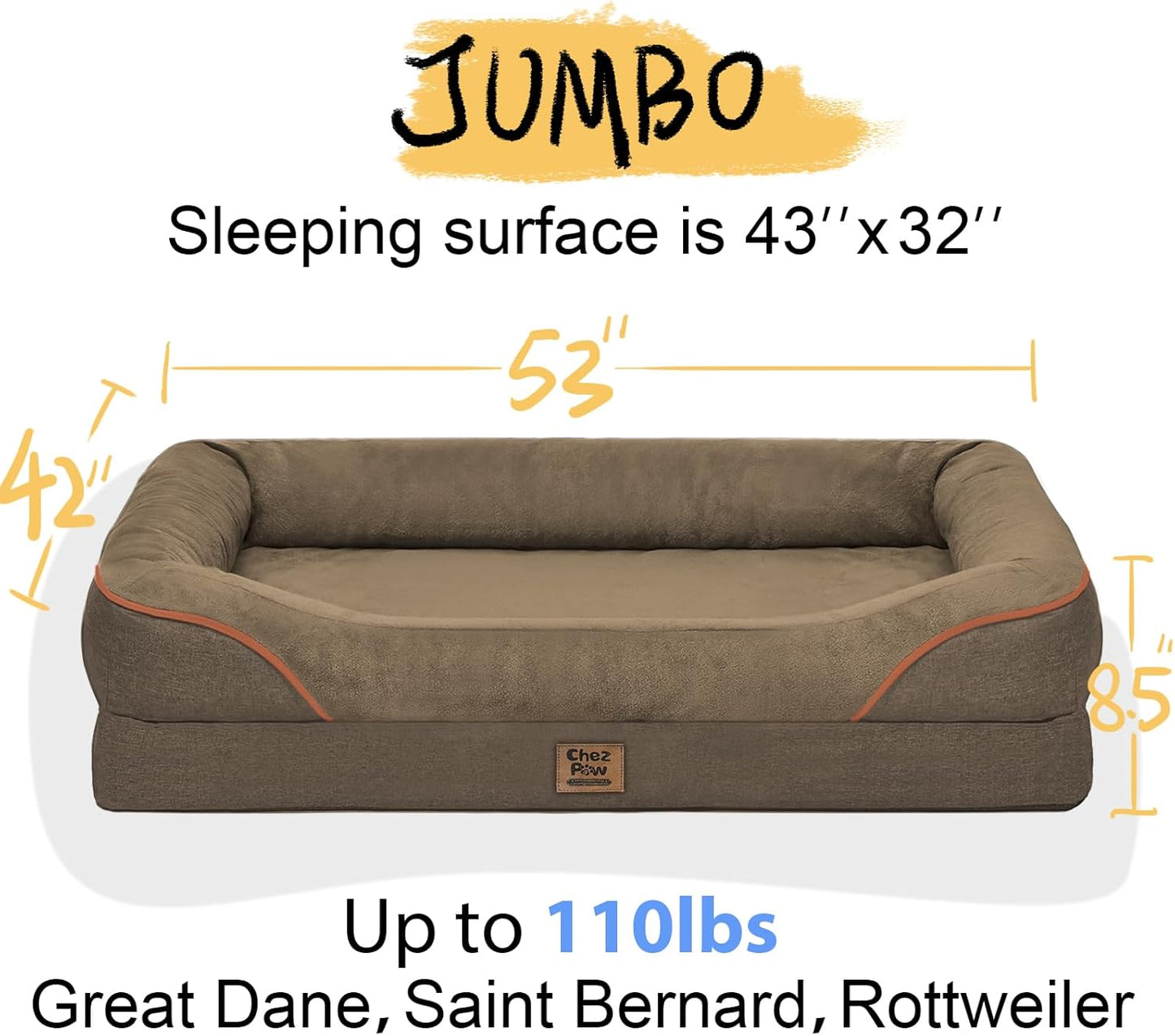 Washable Orthopedic Large Dog Bed - XL Large Dog Bed with Removable Bolsters Cover Foam Support Big Dogs Beds Non-Slip Bottom & Waterproof