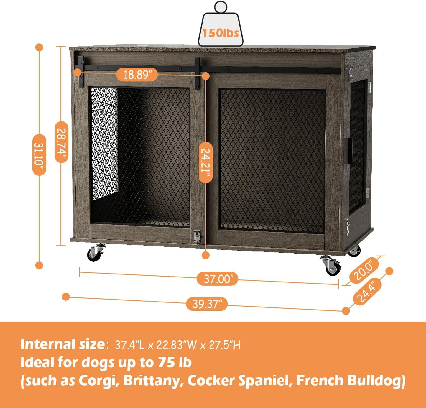 LINLUX 40 Inch Dog Crate Furniture, Wooden Heavy Duty Dog Kennel Indoor, Decorative Dog Cage Table for Large Medium Dogs, with Sliding Doors, Wheels and Flip-top Plate