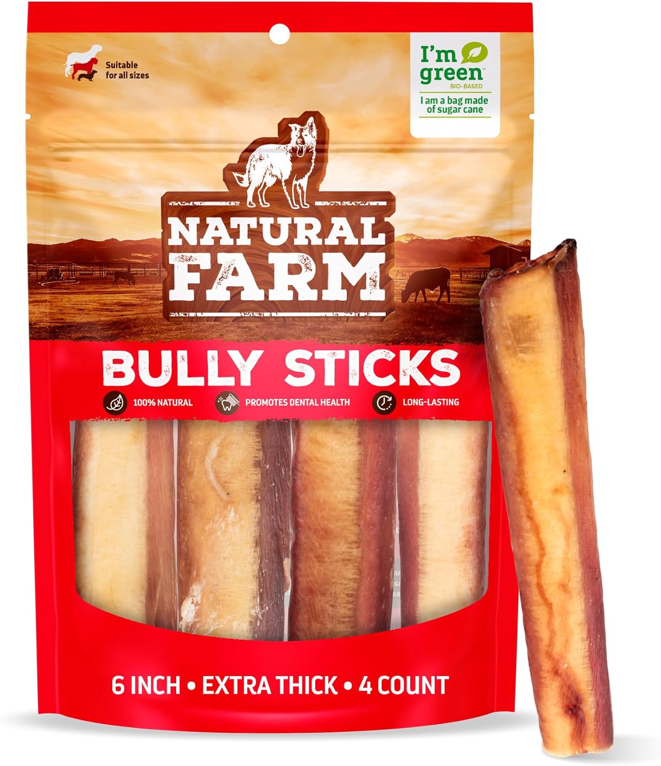 Natural Farm Jumbo Bully Sticks (6 Inch, 4 Pack), Odor Free, Extra-Thick Dog Chews - Fully Digestible 100% Beef Treats, Supports Dental Health, Keep Your Dog Busy with 50% Longer Lasting Chews