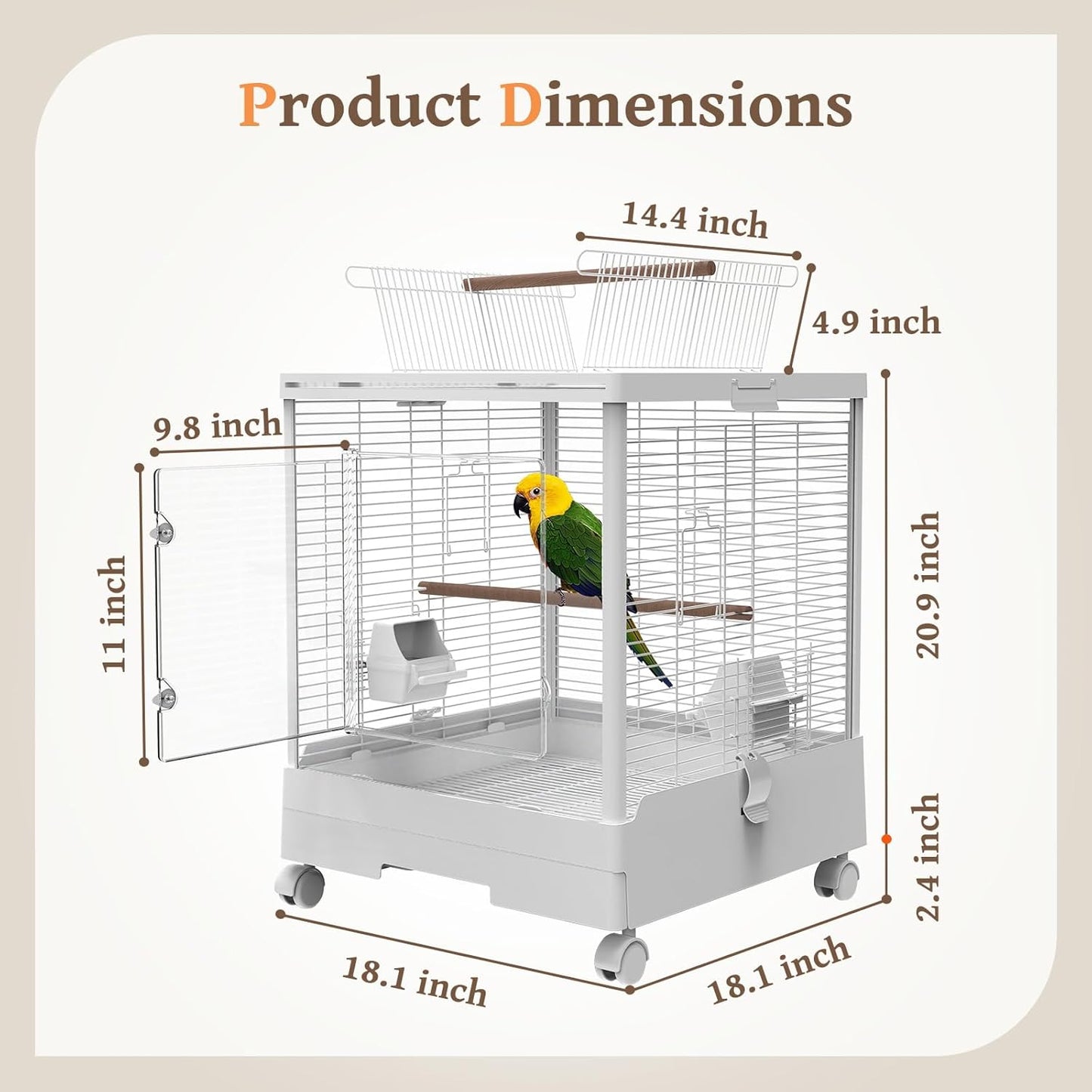Clear View Bird Cage with Play Top, Modern Rolling Flight Cage for Parakeets, Cockatiels, Conures, Lovebirds, White Parrot Cage with 0.4" Bar Spacing, Slide-Out Tray & Accessories