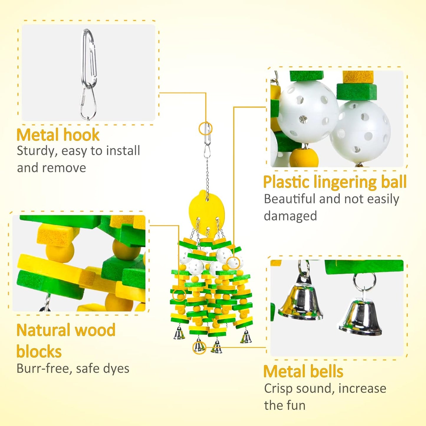 MEWTOGO Parrot Toys, Safe Healthy Parrots Cage Chewing Toy with Colorful Wood Blocks Crisp Bells for Macaws African Grey and Amazon Parrots (Lemon Style)