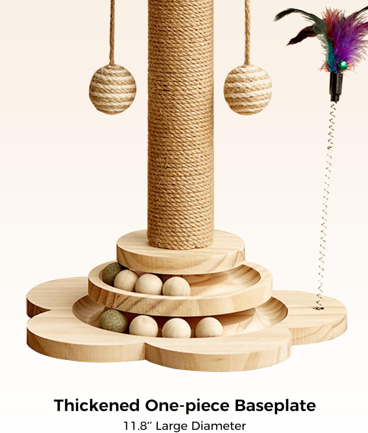 Cat Scratching Post, 4 in 1 Wooden Cat Scratcher Toy, 17.7" Tall Scratch Post with 2 Level Cat Track Balls, Interactive Feather Toy and 2 Sisal Hanging Balls for Indoor Kittens, Adult Cats