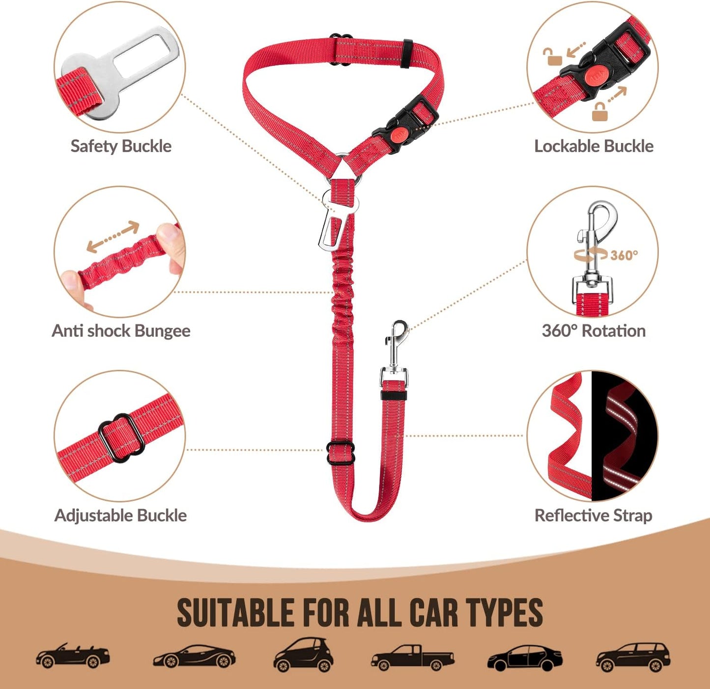 SlowTon Dog Seat Belt for Car, 2 Pack Dog Car Harness Seatbelt Adjustable with Elastic Bungee Buffer, 2 in 1 Pet Car Leash Headrest Restraint Dog Reflective Safety Tether (S, Red, Headrest+Clip)