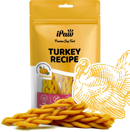 iPaw Turkey Dog Treats, All Natural Human Grade Dog Treat, Suitable for Training chew, US Sourced Raw Material, Hypoallergenic, Rawhide Alternative, Braided Stick (Pumpkin)