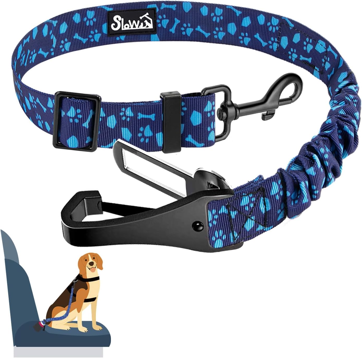 SlowTon Dog Seat Belt, Adjustable Dog Safety Belt Leash, 2 in 1 Latch Bar Attachment Dogs Car Seatbelt with Elastic Nylon Bungee Buffer, Reflective Nylon Belt Tether (BL,35.5in)
