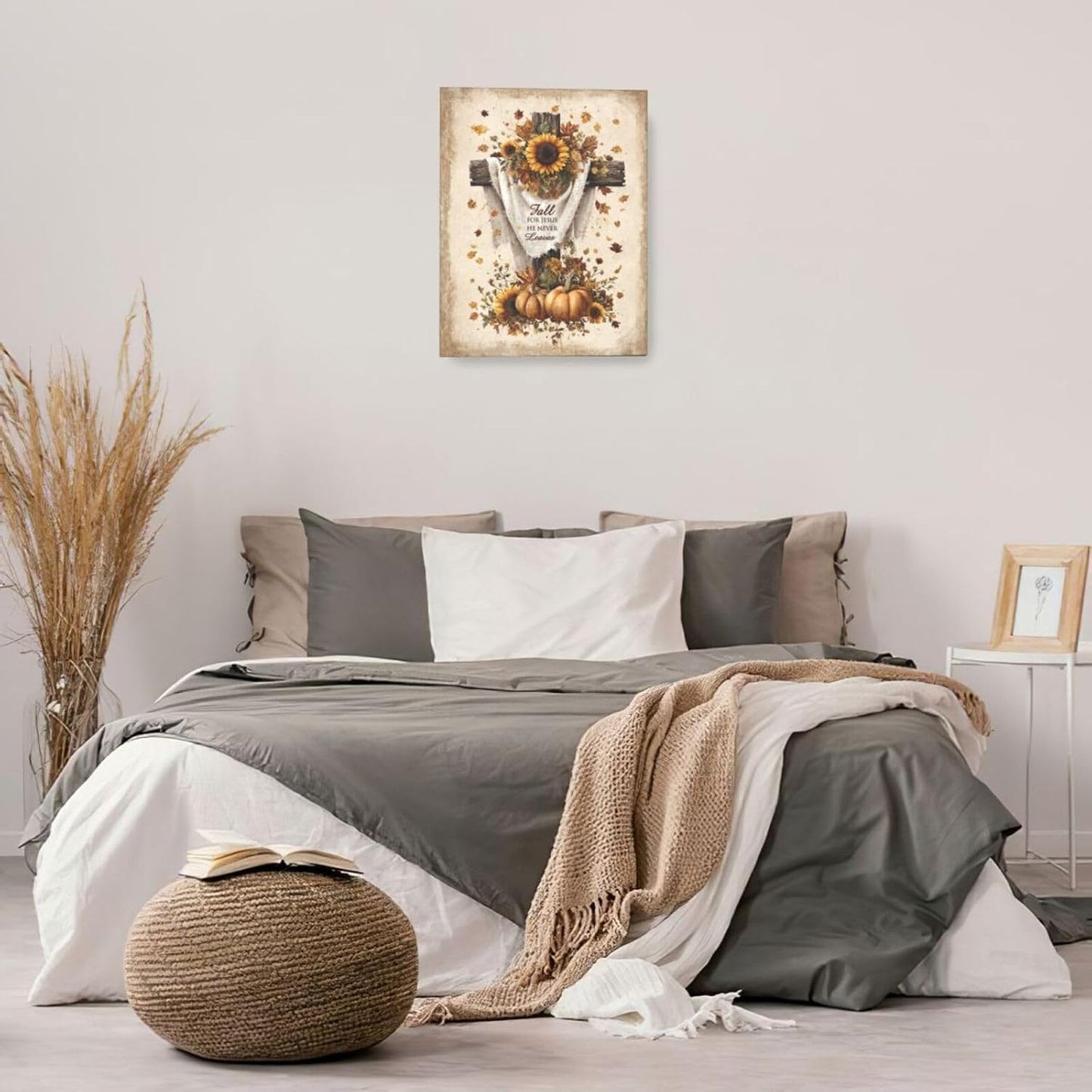 Christian Fall Wall Art Autumn Rustic Cross Sunflower Pumpkin Wall Decor Fall for Jesus He Never Leaves Pictures Painting Print Framed Artwork Decorations Gifts for Living Room Bedroom Prayer Room Office 16"x20"