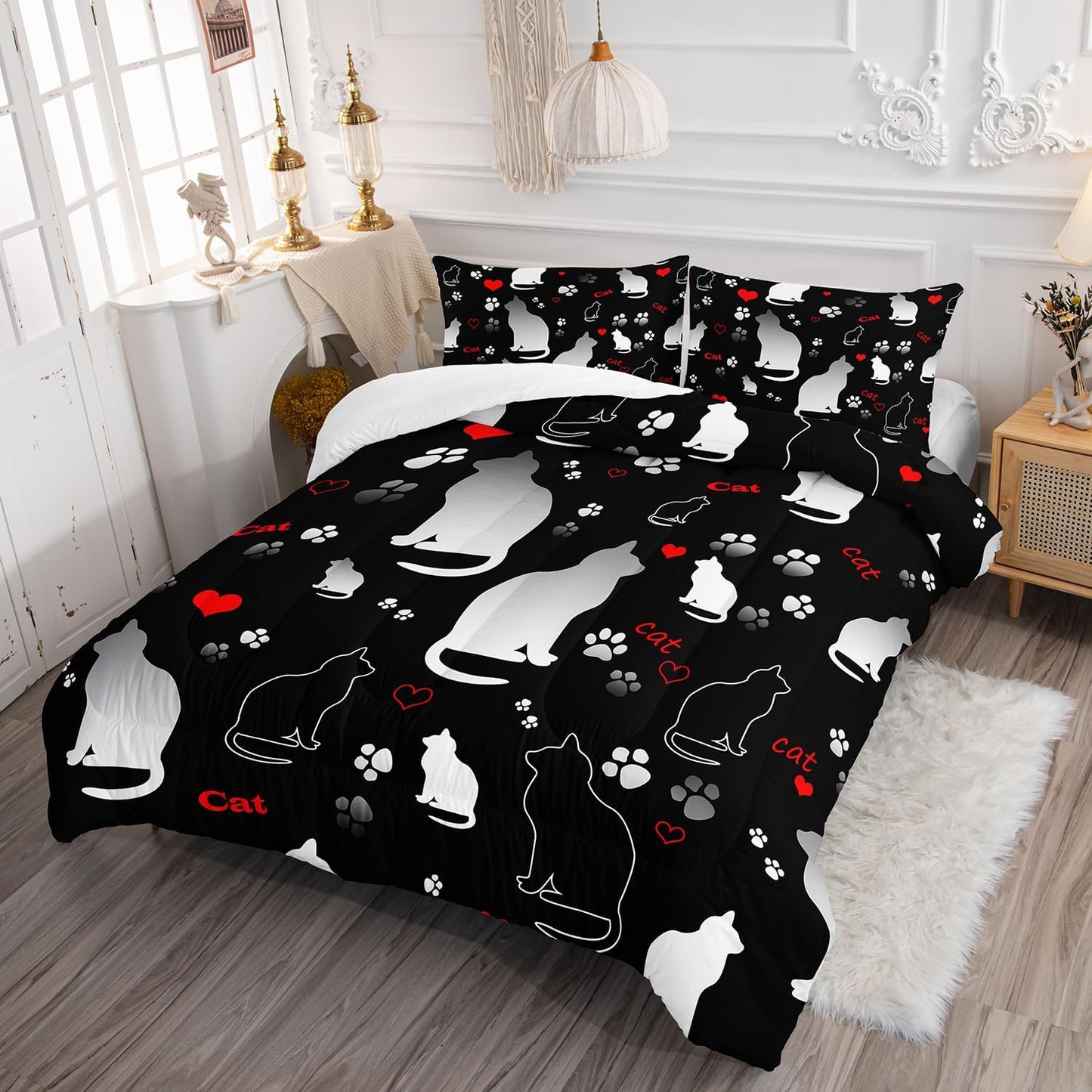 Kawaii Cat Animal Themed Comforter Set 3Pcs Twin Black White Pet Cat Bedding Set for Kid Teen Girl Boy Adult Room Decor Cartoon Cat Paw Heart Pattern Quilt with 1 Comforter and 2 Pillowcases
