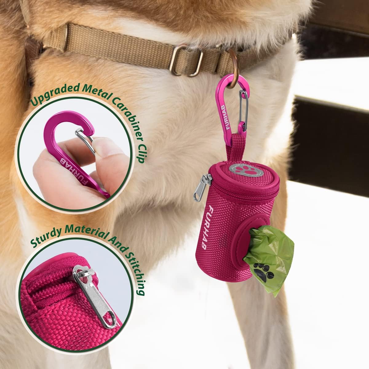Dog Poop Bag Holder for Leash Doggie Waste Bag Dispenser Soft Fabric Puppy Potty Carrier Small Doggy Zipper Pouch with Carabiner Clip 1680D Nylon Oxford with 1 Roll of Pet Trash Bags, Rose Red
