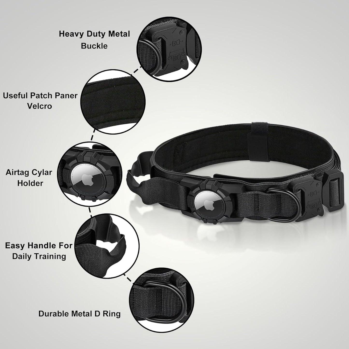 Tactical AirTag Dog Collar Leash Set - Heavy Duty, Adjustable GPS Collar Compatible with Apple AirTag, with Holder & Control Handle for Medium/Large Dogs [ Black, M ]