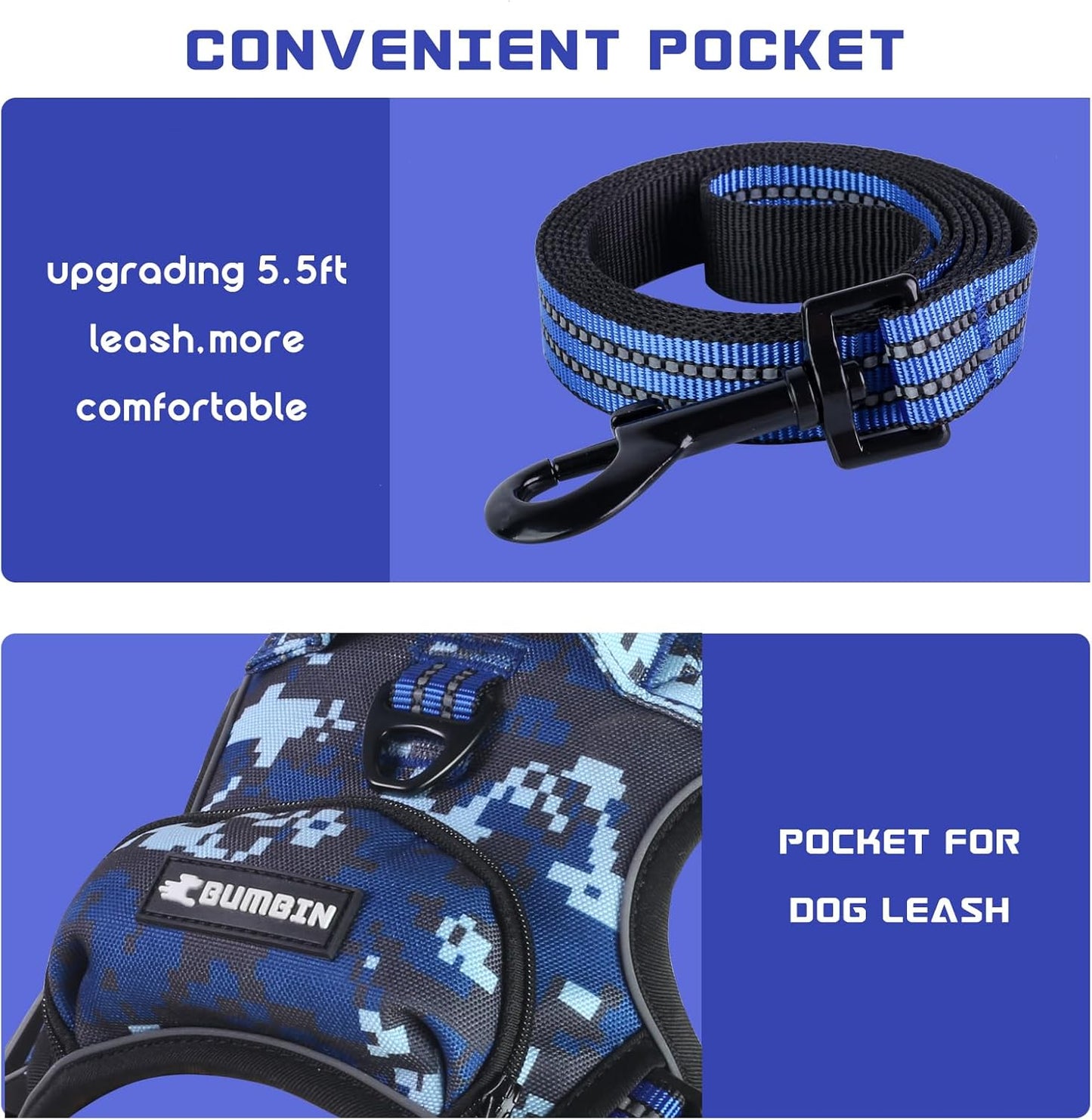 BUMBIN Dog Harness for Large Dogs, No Pull Adjustable No Choke Pet Vest with Dog Leash Fit Smart Reflective Pet Walking Harness for Training Easy Control Soft Handle Blue Camo M