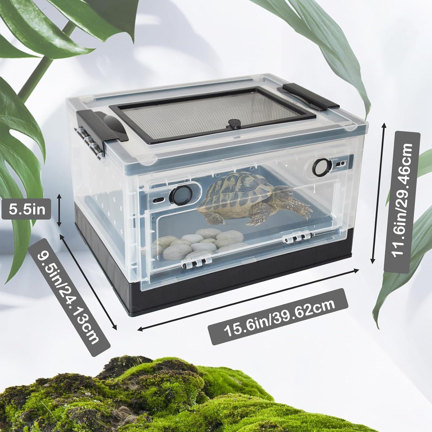 PINVNBY Plastic Reptile Feeding Box with Wheels,Reptiles Breeding Enclosure Cages Transparent Amphibians Habitat Terrarium Tank Portable Transport Container for Lizard,Bearded Dragon(Black)