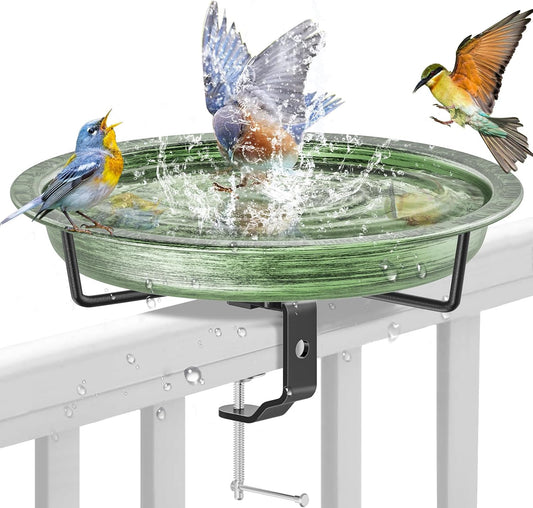 Deck Mounted Bird Bath for Outside, Detachable Birdbath Bowl with Sturdy Clamp, Outdoor Bird Baths Bowl for Attracting Birds Garden Yard Decor (Retro Green)