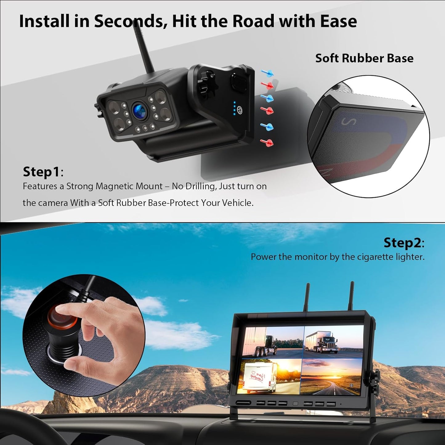 Magnetic RV Wireless Backup Camera, HD 1080P 10" Loop Recording Monitor, 2-Rear View 2-Side View Cameras Wireless System for RV Trailer Trucks, Built-in 9600mAh Battery, Night Vision- ZEROXCLUB BC104