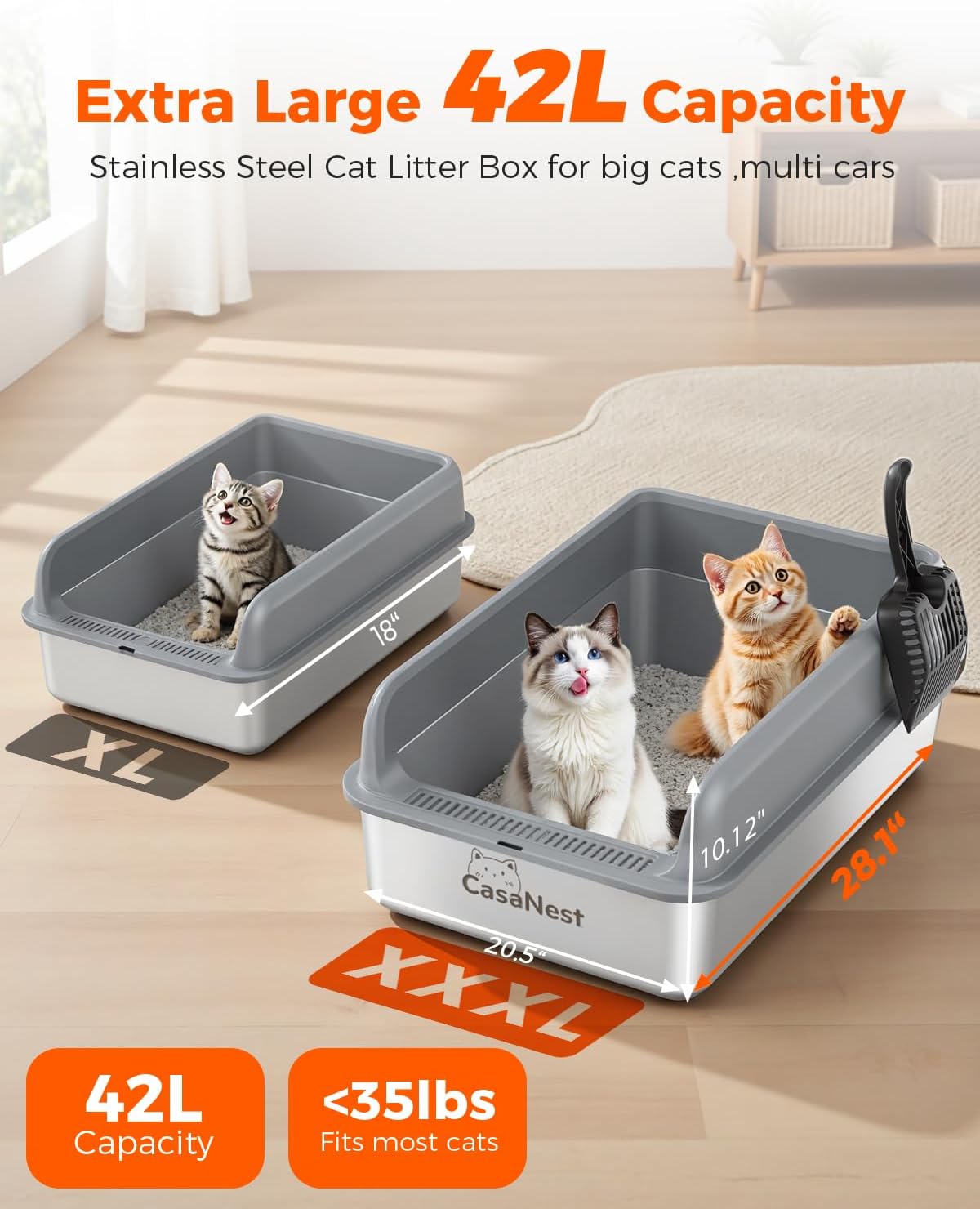 XXXL Stainless Steel Cat Litter Box 28.1''×20.5''× 10.1” Extra Large Metal Cat Litter Box for Big, Multi Cats, Anti-Leakage & Non-Stick Metal Pan, Easy to Clean, Durable (Dark Grey