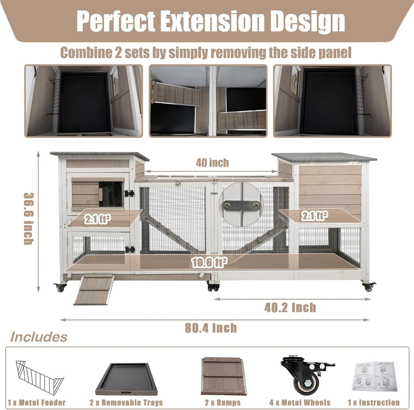 Rabbit Hutch Indoor 40" L Large 2 Story Outdoor Wooden Bunny Hutch with Run, 4 Metal Wheels & 2 Deeper Trays, UV-Proof Panel Rabbit Cage Guinea Pig Pet House for Small-Medium Animals