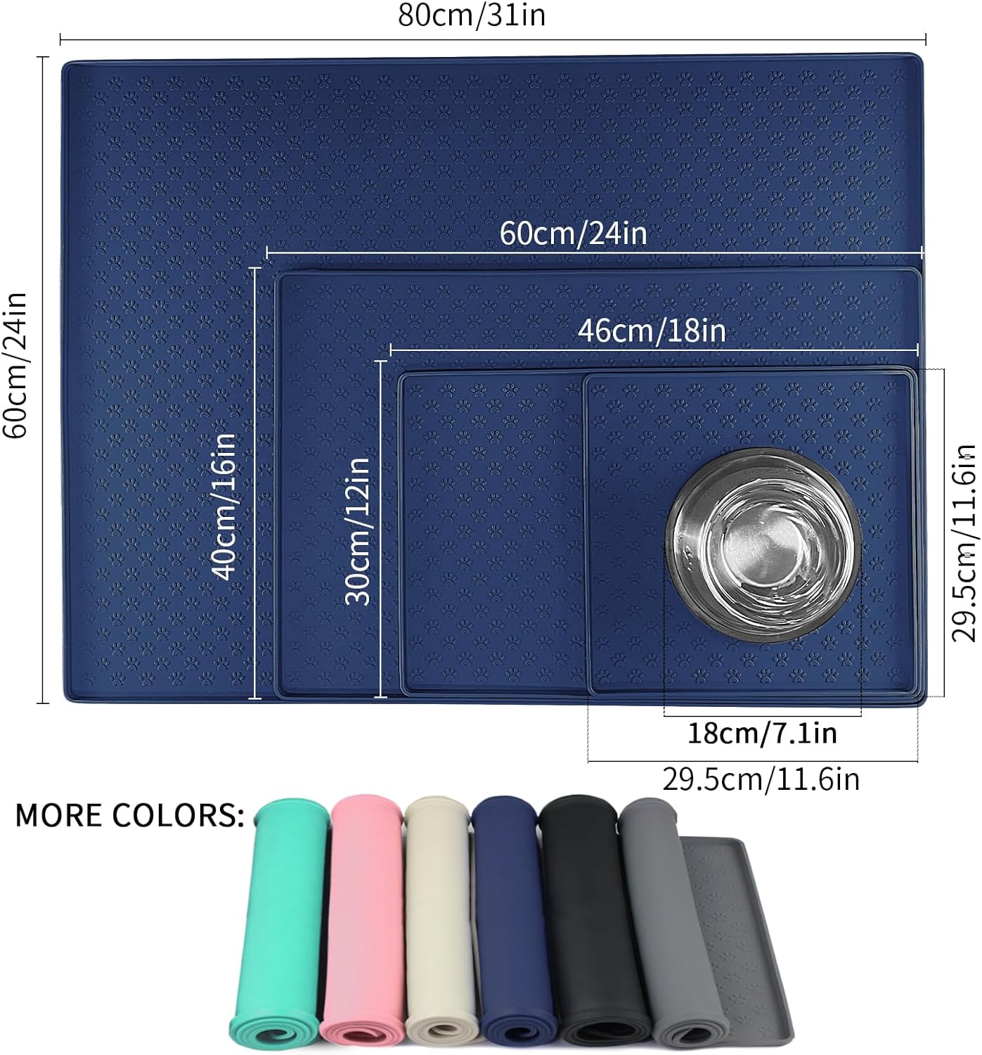 Ptlom Silicone Pet Placemat for Dog and Cat, Waterproof Anti-Slip Pet Feeding Bowl Mats for Food and Water, Small Medium Large Tray Mat Prevent Residues from Spilling to Floor, Navy Blue, 31.5" 23.6"