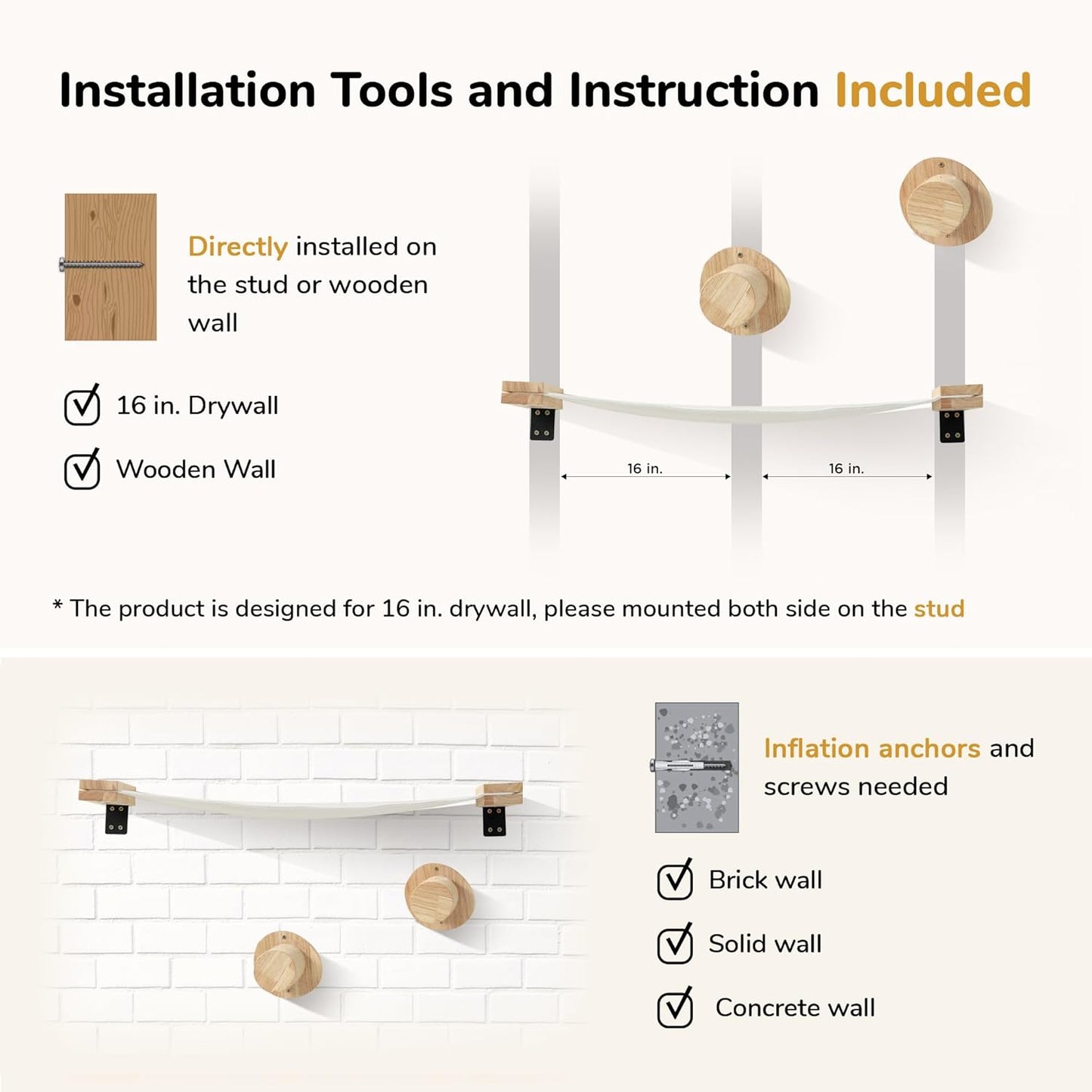 FUKUMARU Cat Wall Furniture, 2 PCS Climbing Shelves Set, Solid Rubber Wood Cat Shelf, Cats Perches for Wall Sleeping, Playing, Jumping and Lounging, 16 inch Drywall Installation