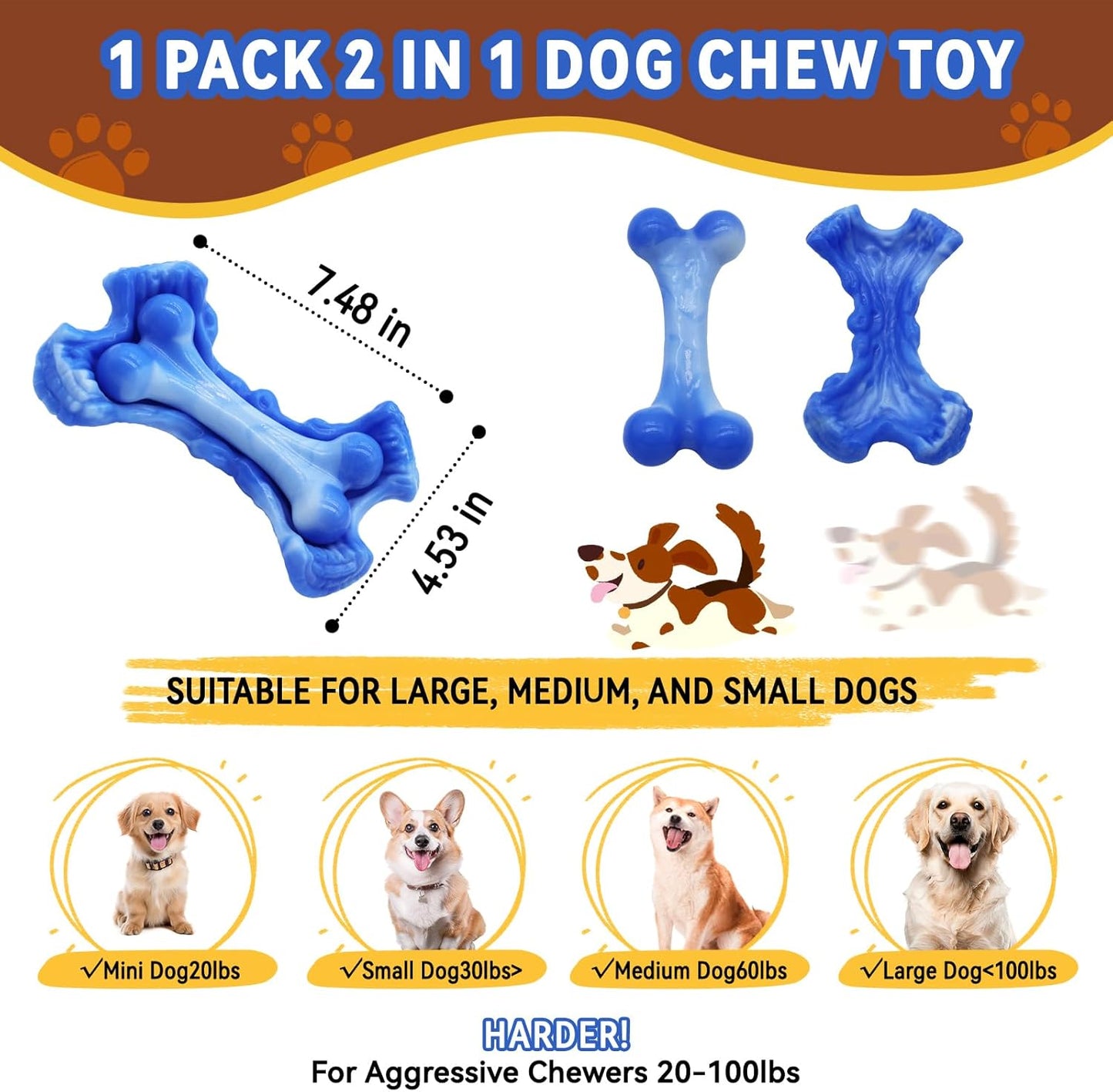 Magicorange Tough Dog Toys, Chew Toys for Aggressive Chewers, Dog Bone Toy Nylon Almost Indestructible Dogs Toy for Teeth Cleaning and Training (Blue)