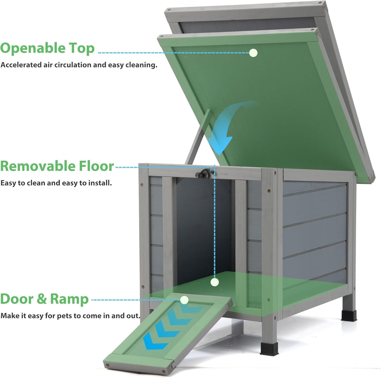 Coziwow Rabbit Hutch, Outdoor Cat House Weatherproof, Bunny Cage Indoor with Openable, Portable Small Animals Shelters with Nonslip Ramp for Hideout Rabbits/Feral Cats/Chicken/Duck/Small Animals-Gray